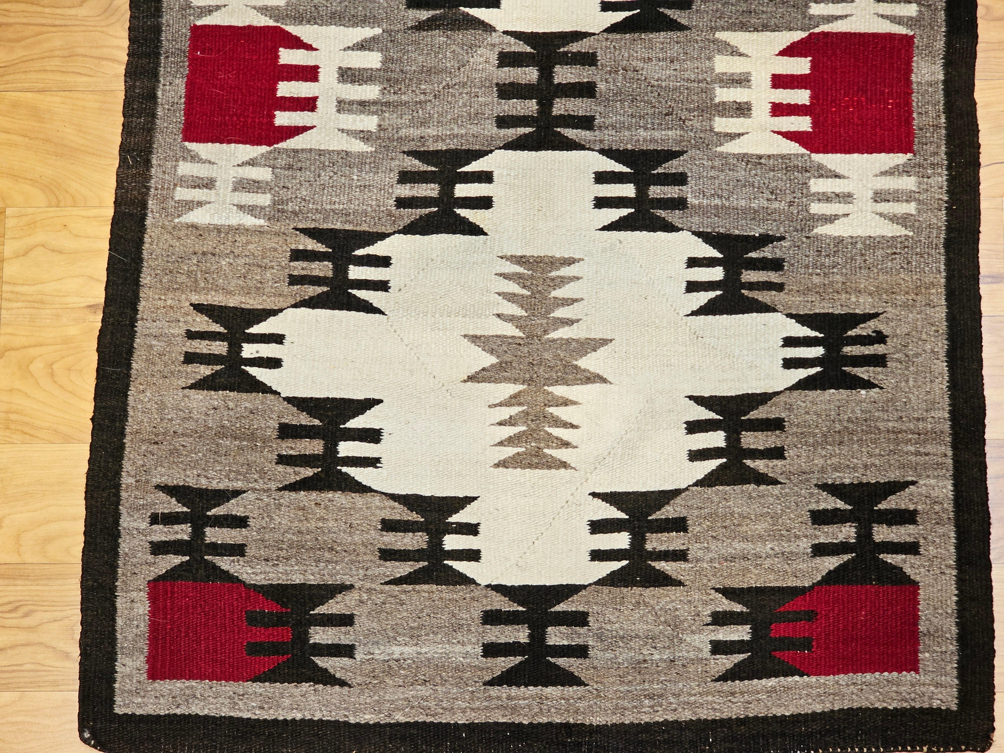 Hand-Knotted Vintage Native American Navajo Area Rug in Ivory, Red, Brown, Gray, Black For Sale