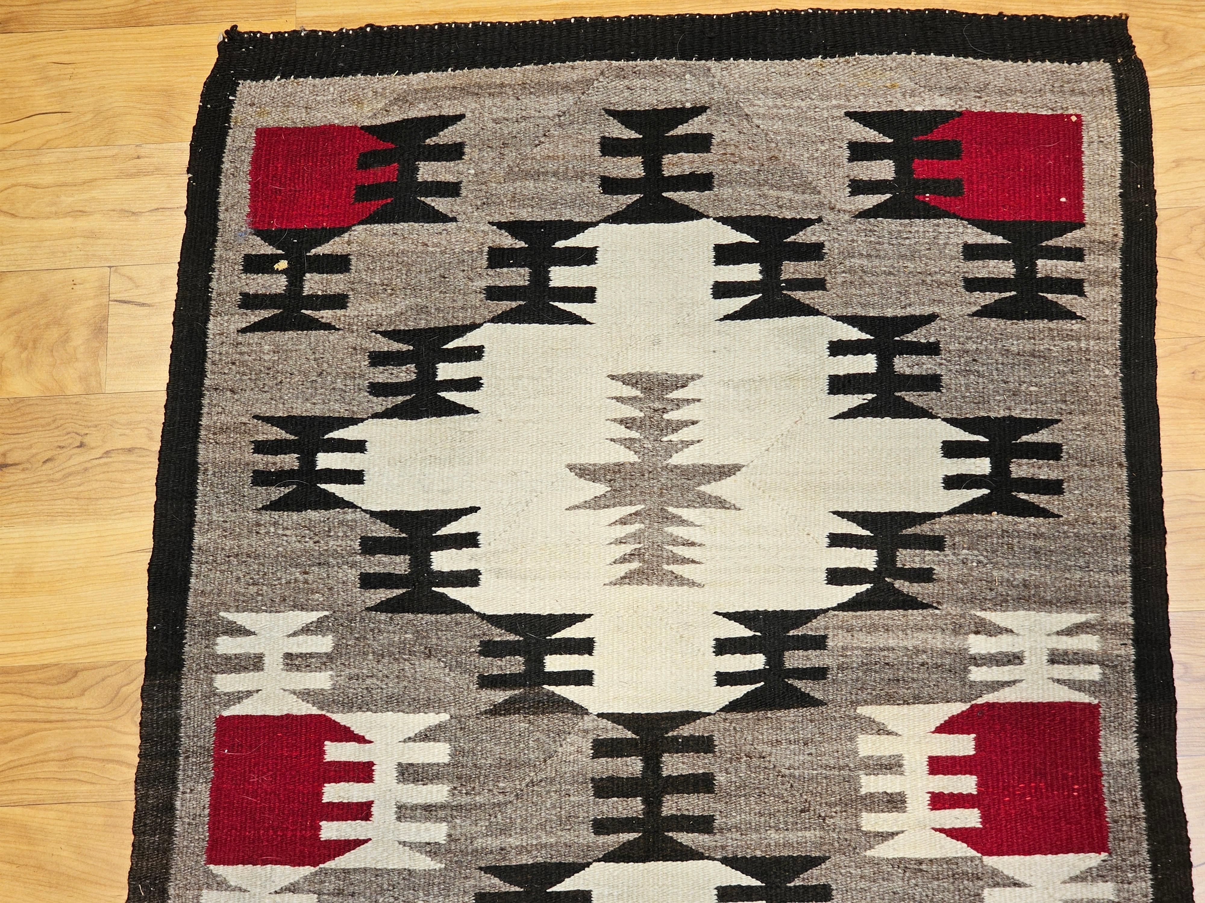 20th Century Vintage Native American Navajo Area Rug in Ivory, Red, Brown, Gray, Black For Sale