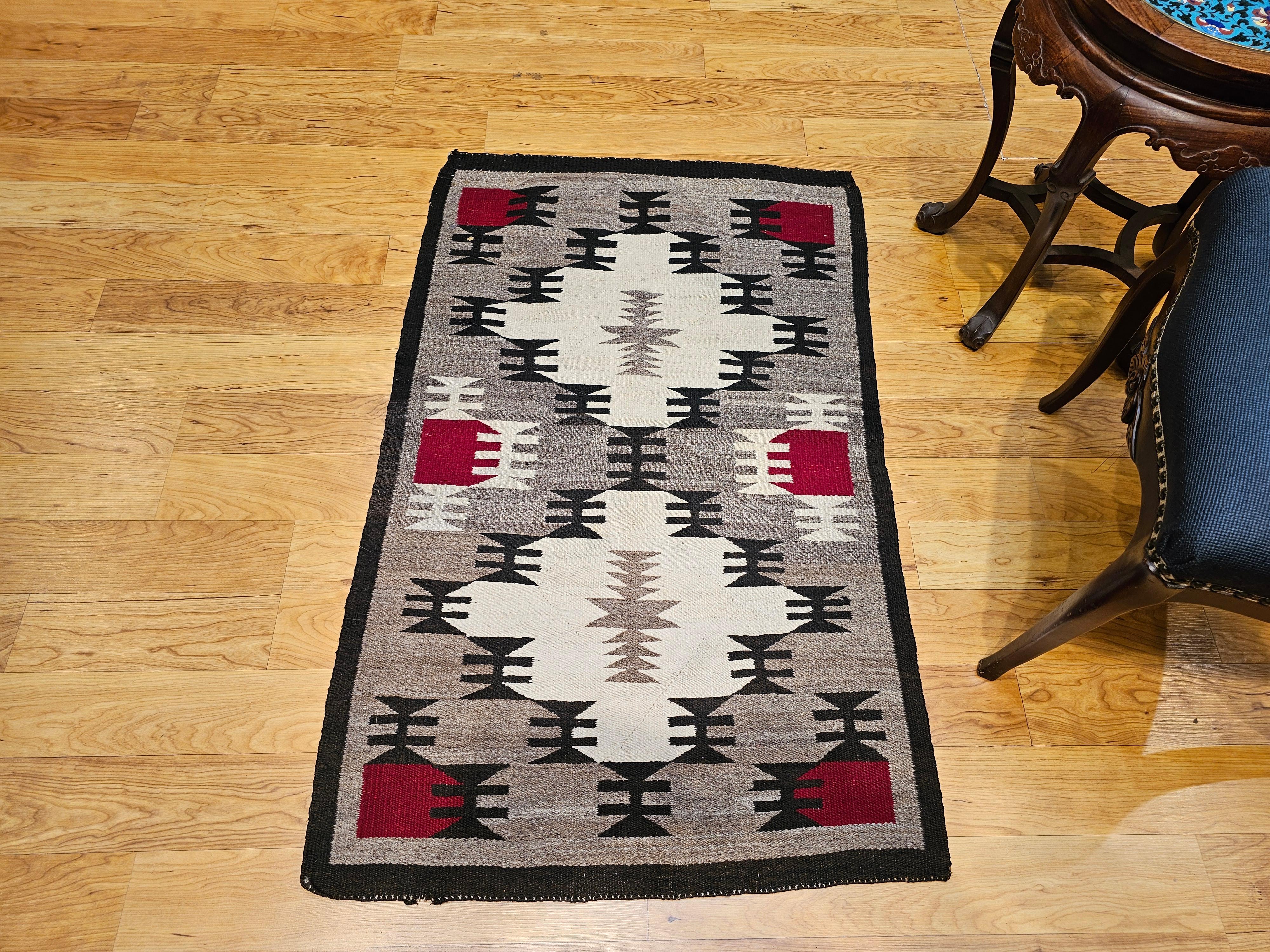 Vintage Native American Navajo Area Rug in Ivory, Red, Brown, Gray, Black For Sale 1
