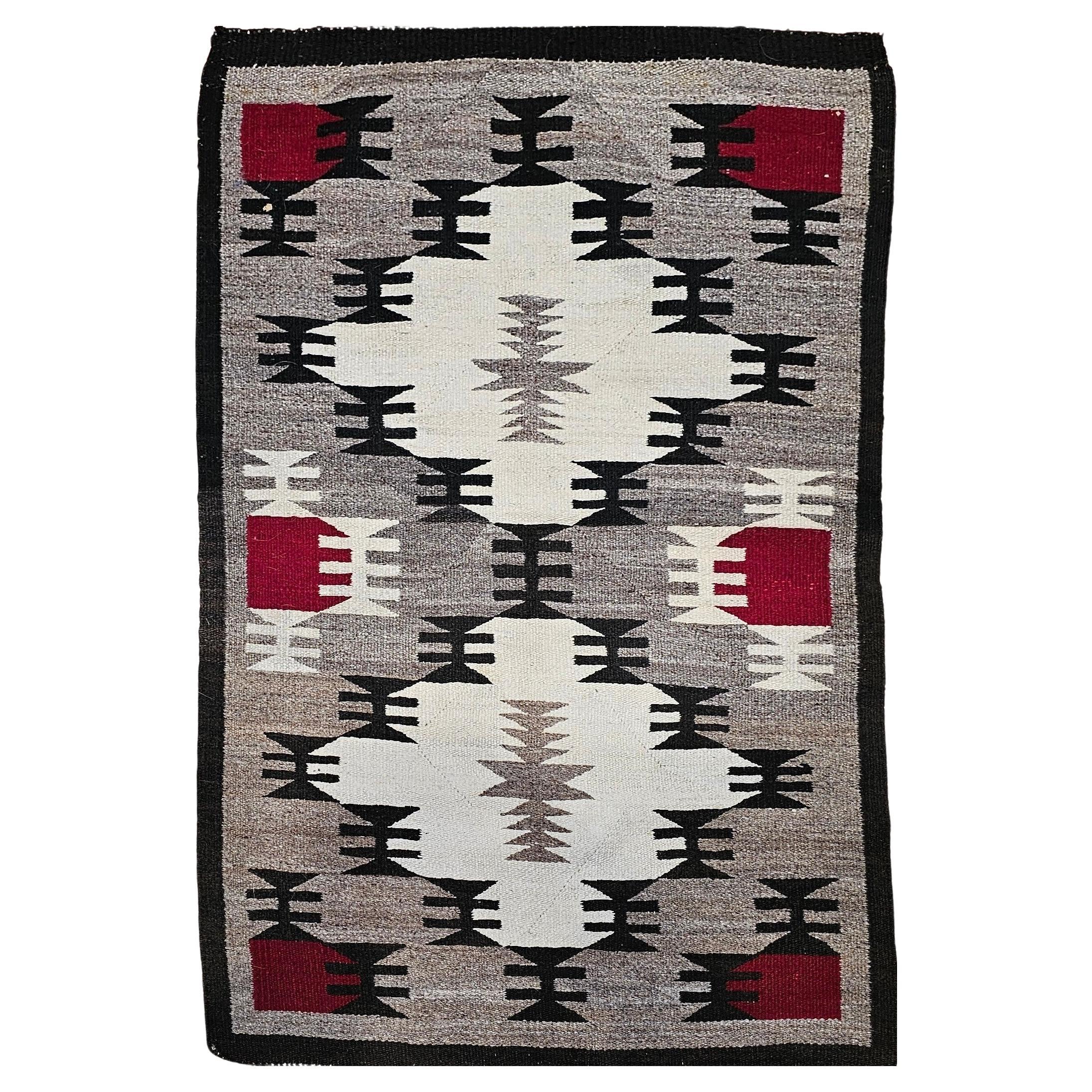 Vintage Native American Navajo Area Rug in Ivory, Red, Brown, Gray, Black