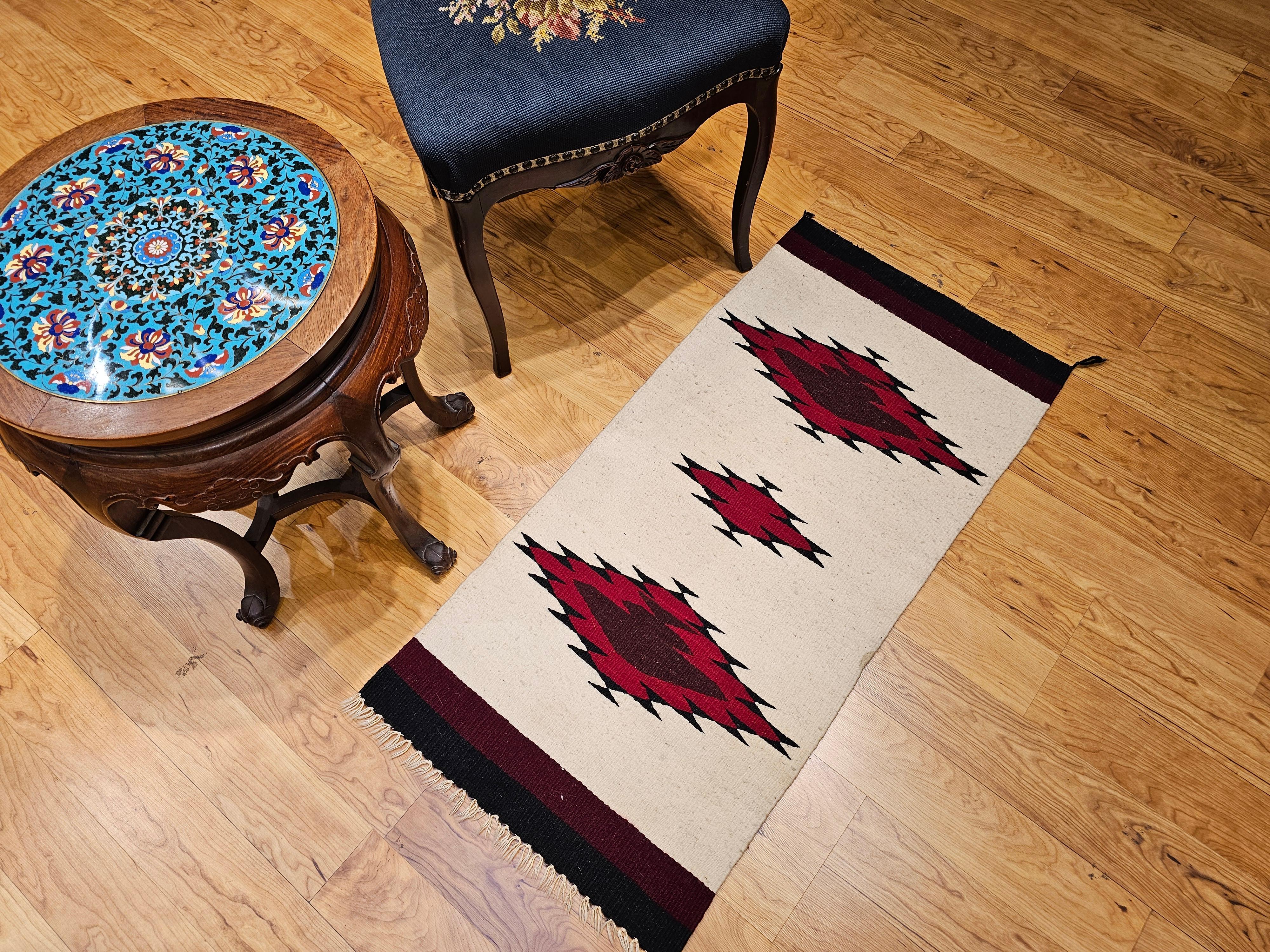 Vintage American Navajo Area Rug in Medallion Pattern in Ivory, Black, Burgundy For Sale 5