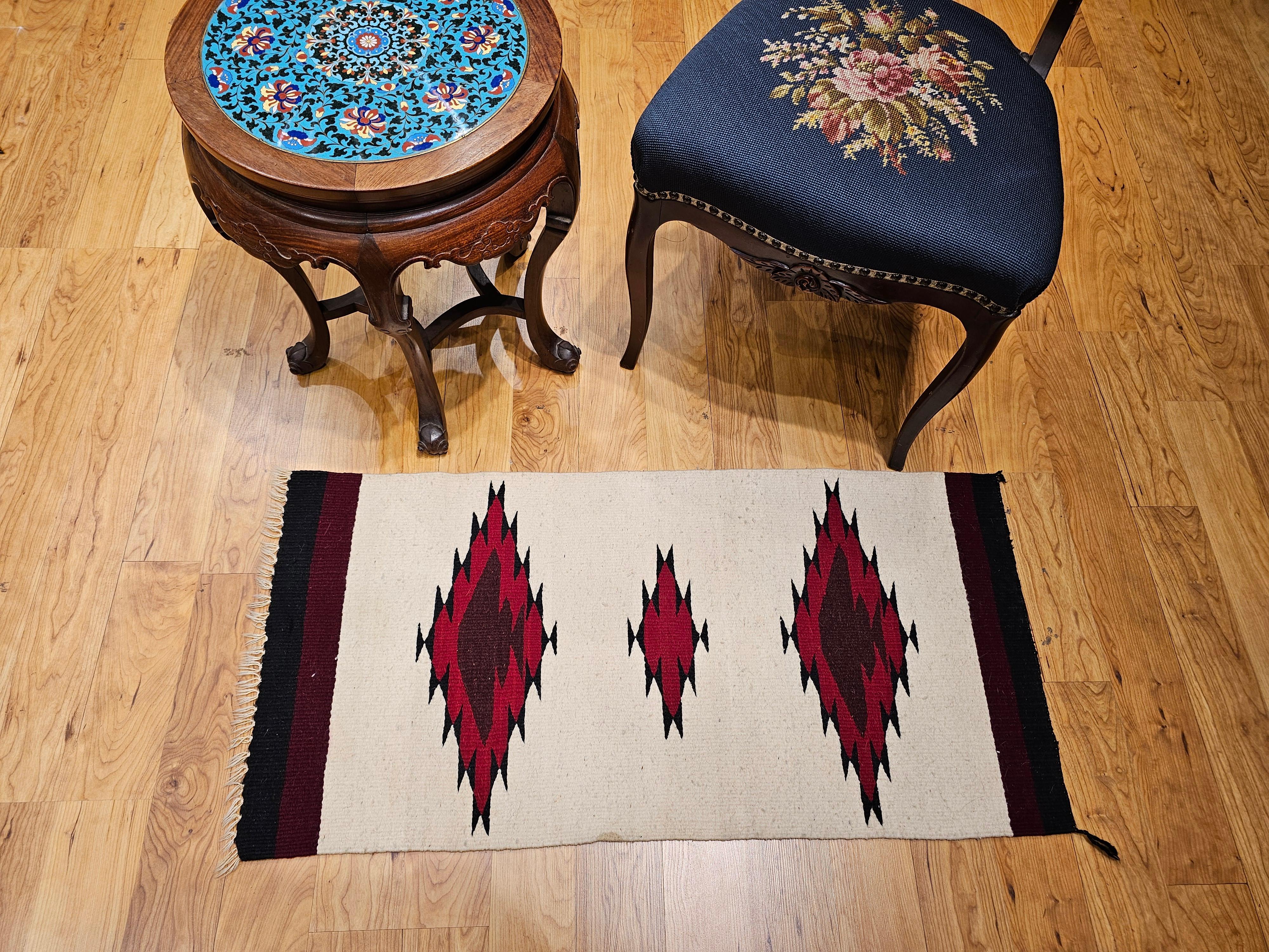 Vintage American Navajo Area Rug in Medallion Pattern in Ivory, Black, Burgundy For Sale 6