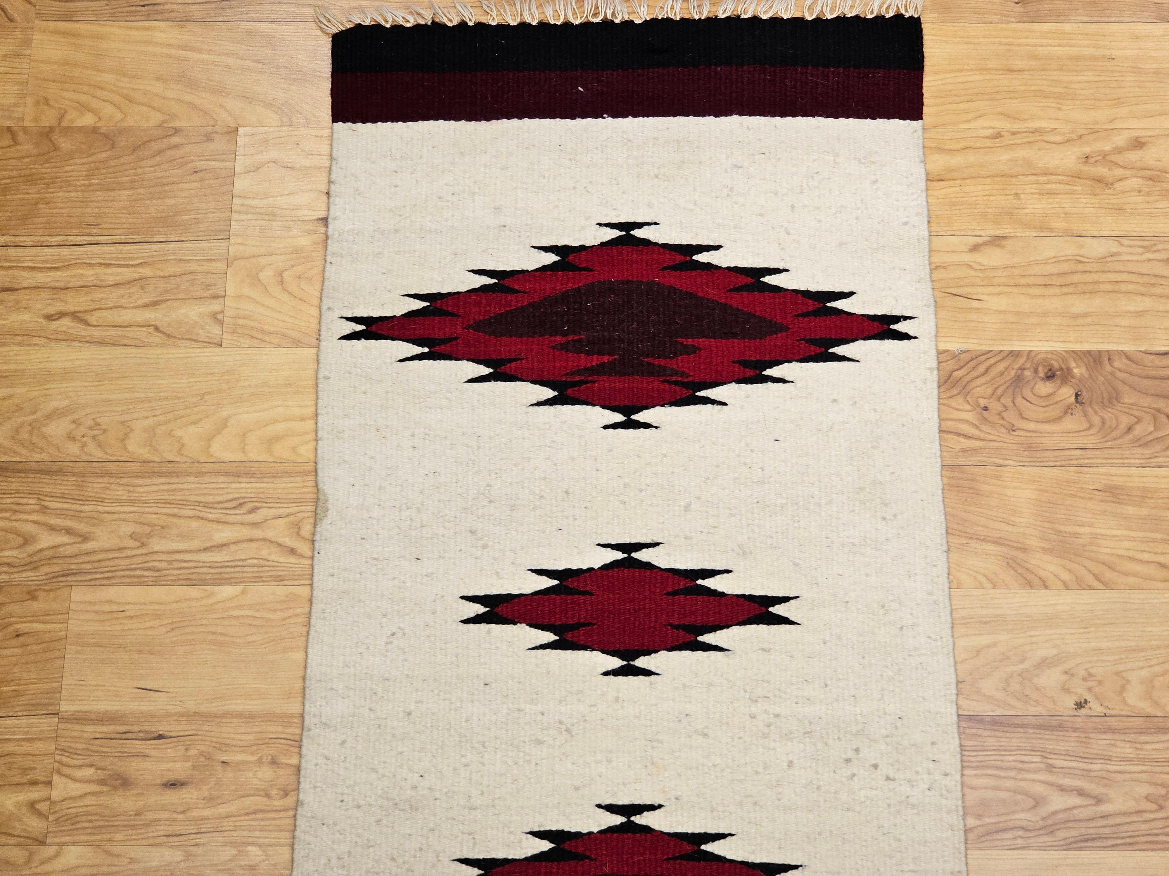 Hand-Woven Vintage American Navajo Area Rug in Medallion Pattern in Ivory, Black, Burgundy For Sale