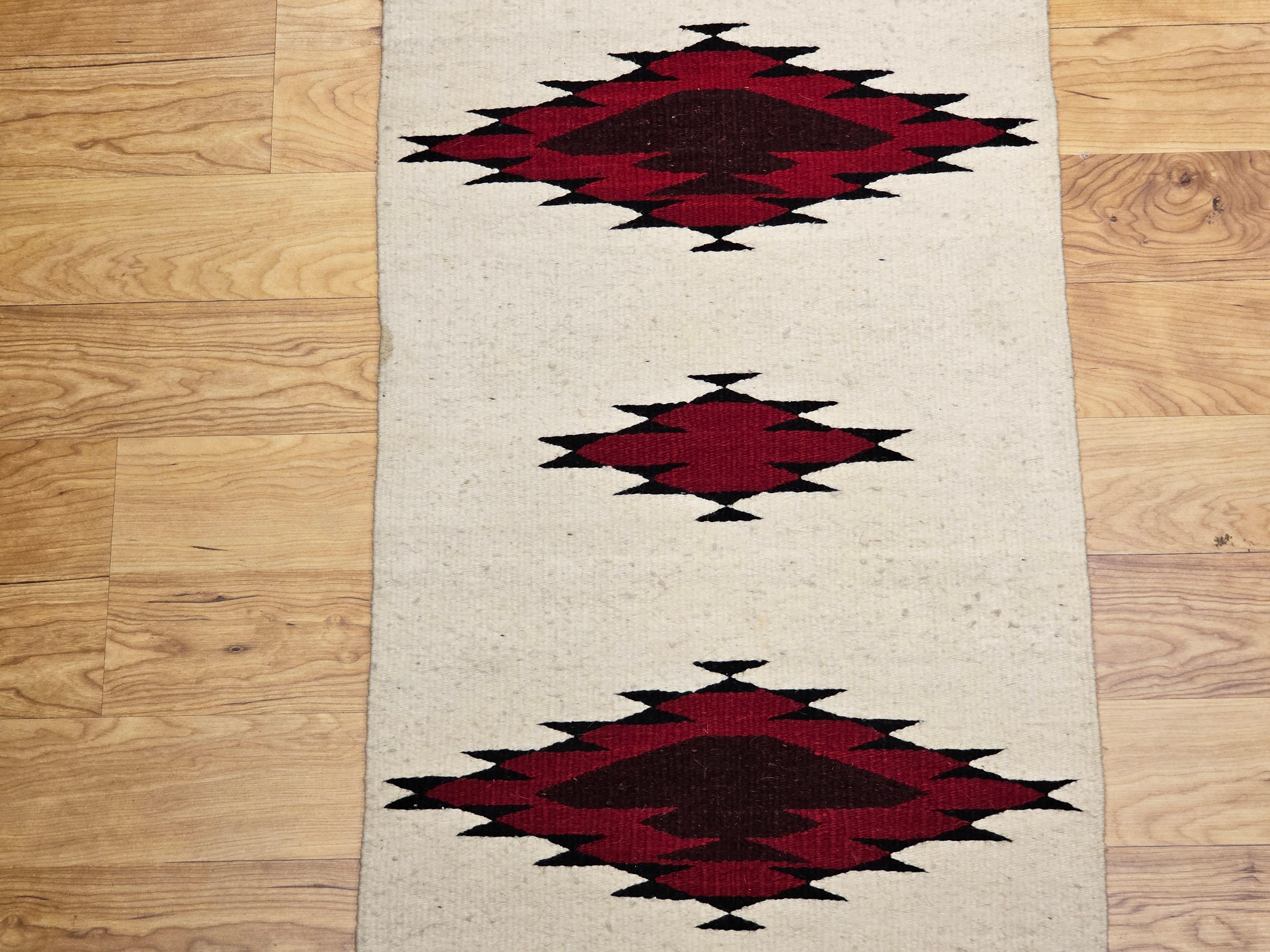 Vintage American Navajo Area Rug in Medallion Pattern in Ivory, Black, Burgundy In Good Condition For Sale In Barrington, IL