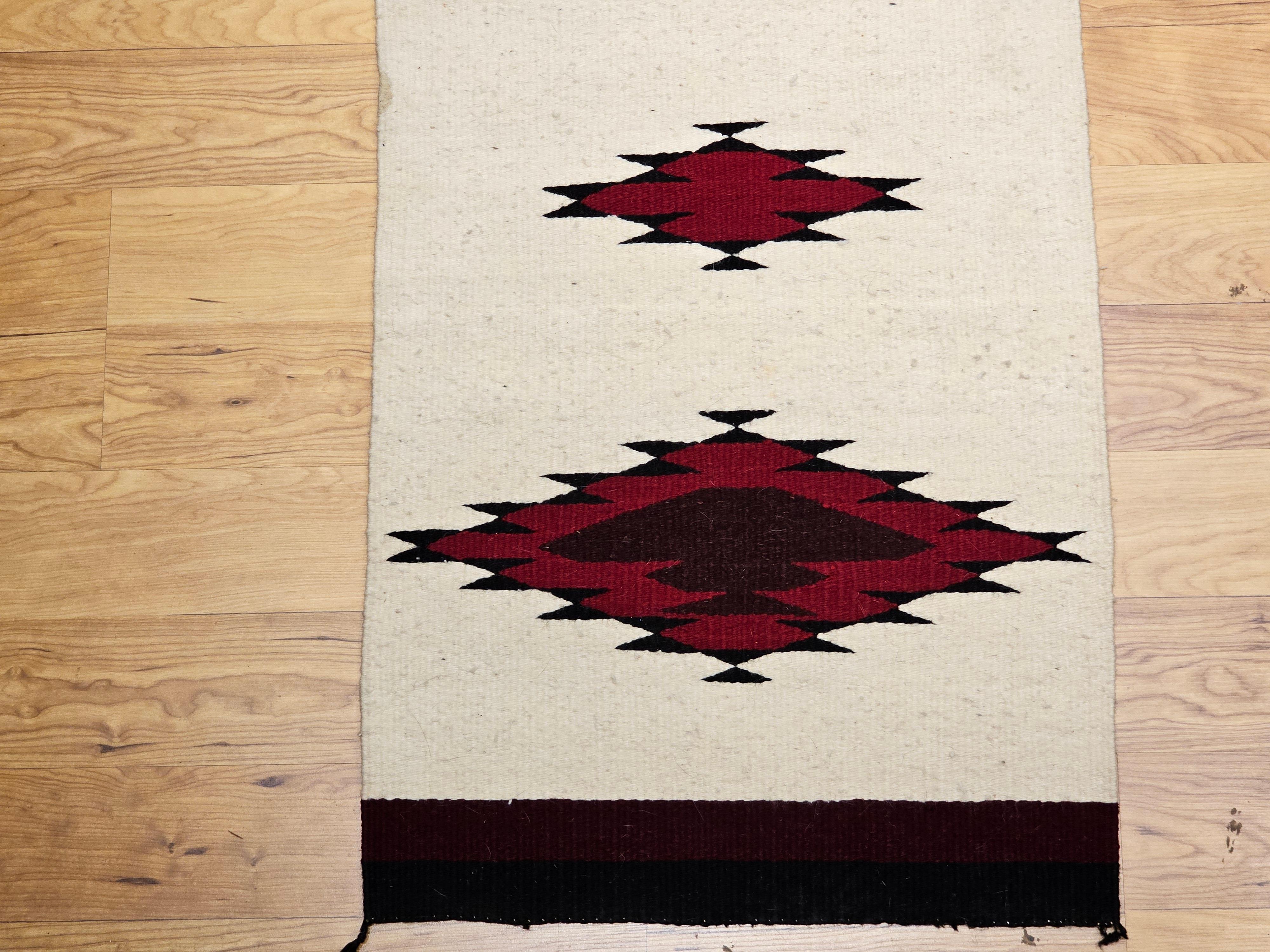 20th Century Vintage American Navajo Area Rug in Medallion Pattern in Ivory, Black, Burgundy For Sale