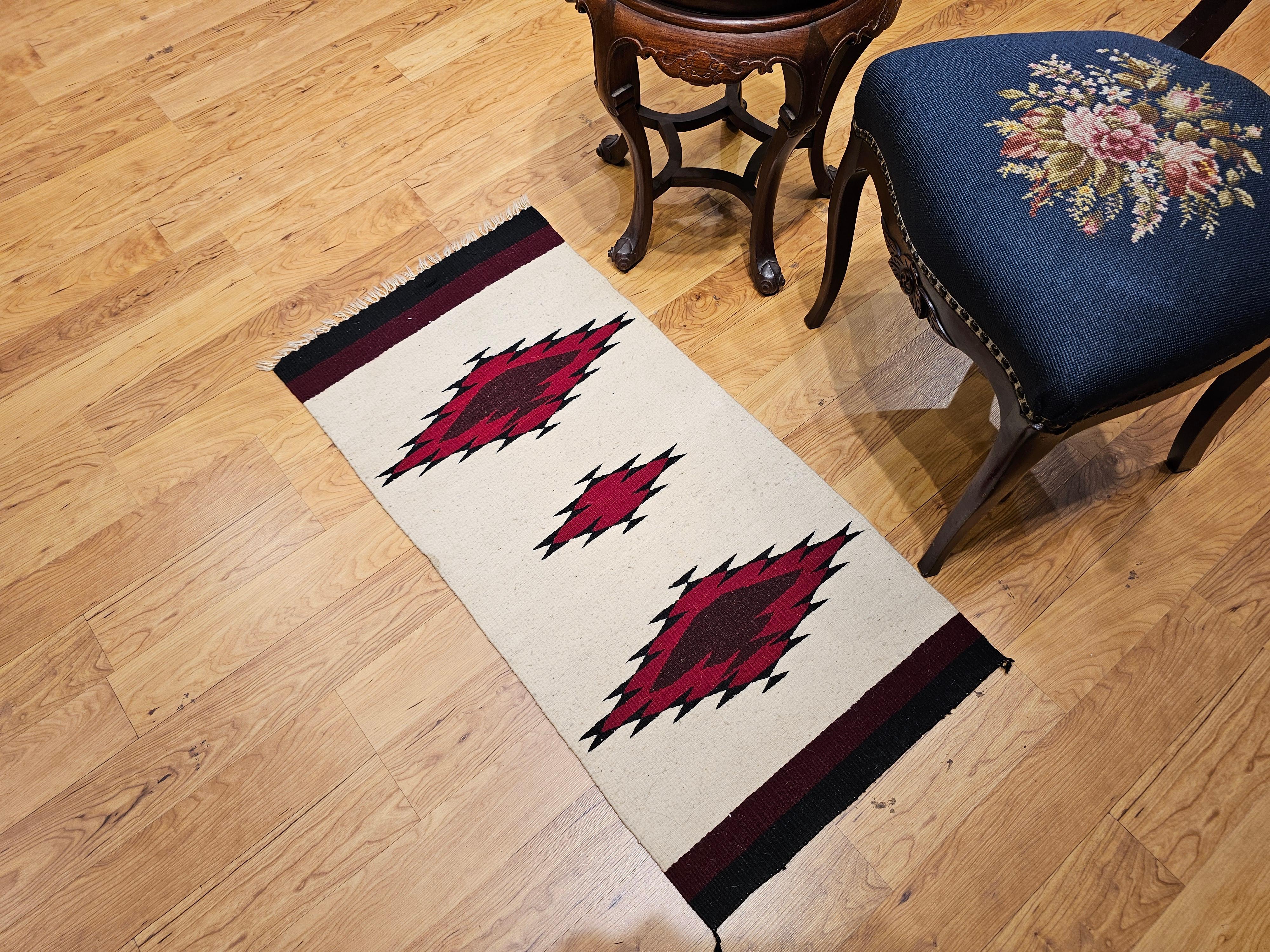 Wool Vintage American Navajo Area Rug in Medallion Pattern in Ivory, Black, Burgundy For Sale