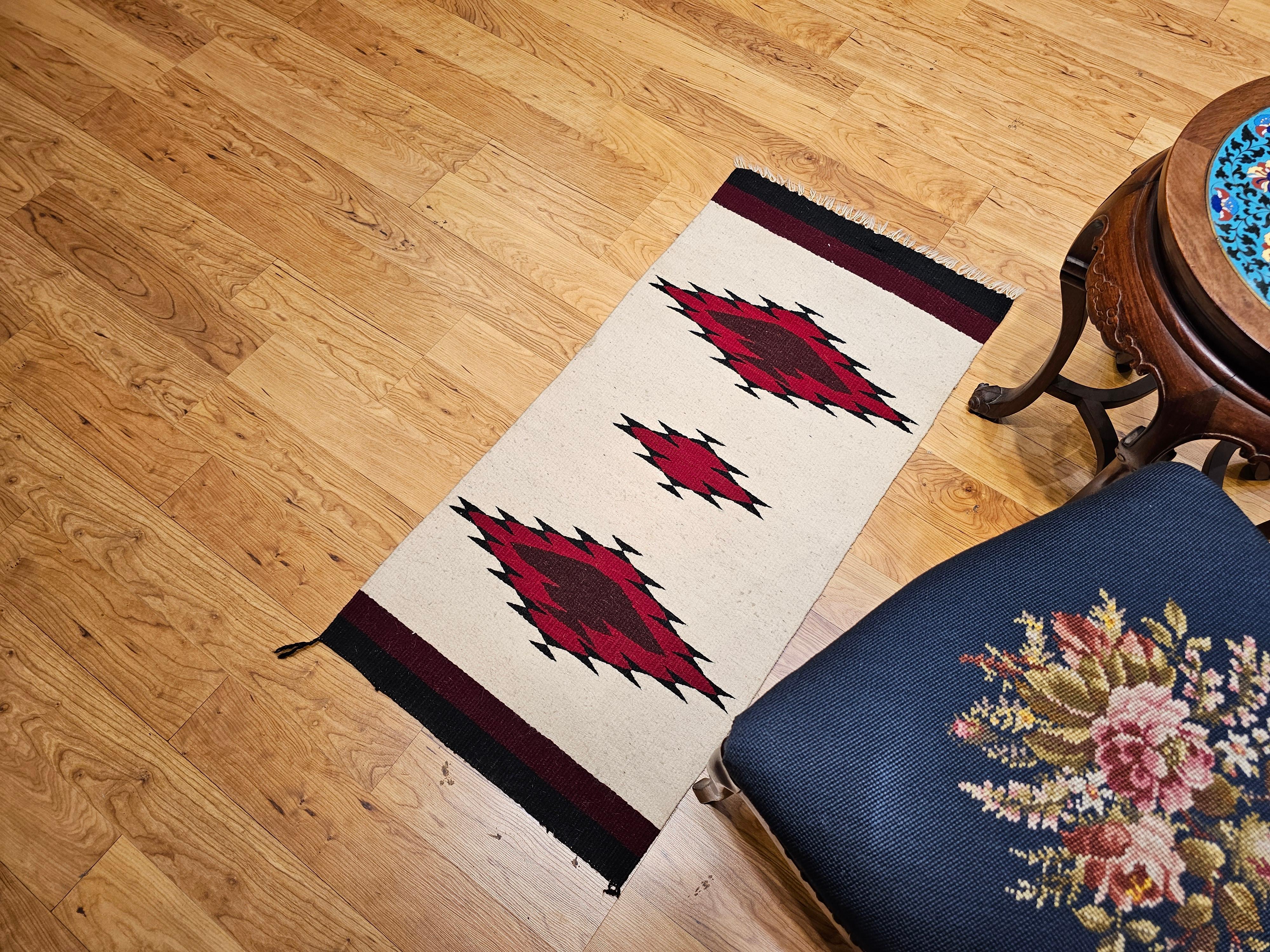 Vintage American Navajo Area Rug in Medallion Pattern in Ivory, Black, Burgundy For Sale 2