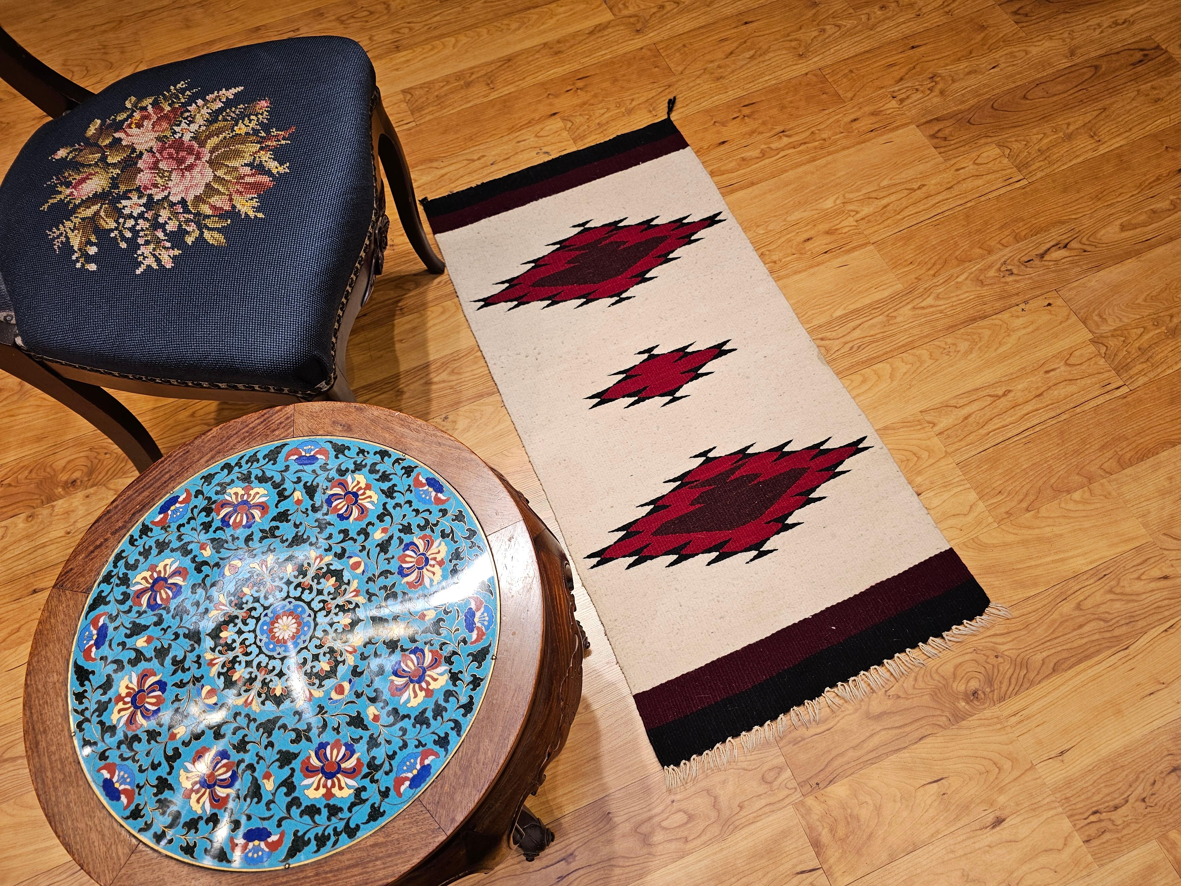 Vintage American Navajo Area Rug in Medallion Pattern in Ivory, Black, Burgundy For Sale 3