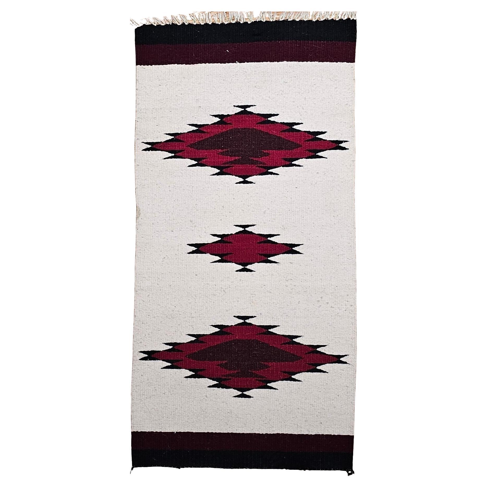 Vintage American Navajo Area Rug in Medallion Pattern in Ivory, Black, Burgundy
