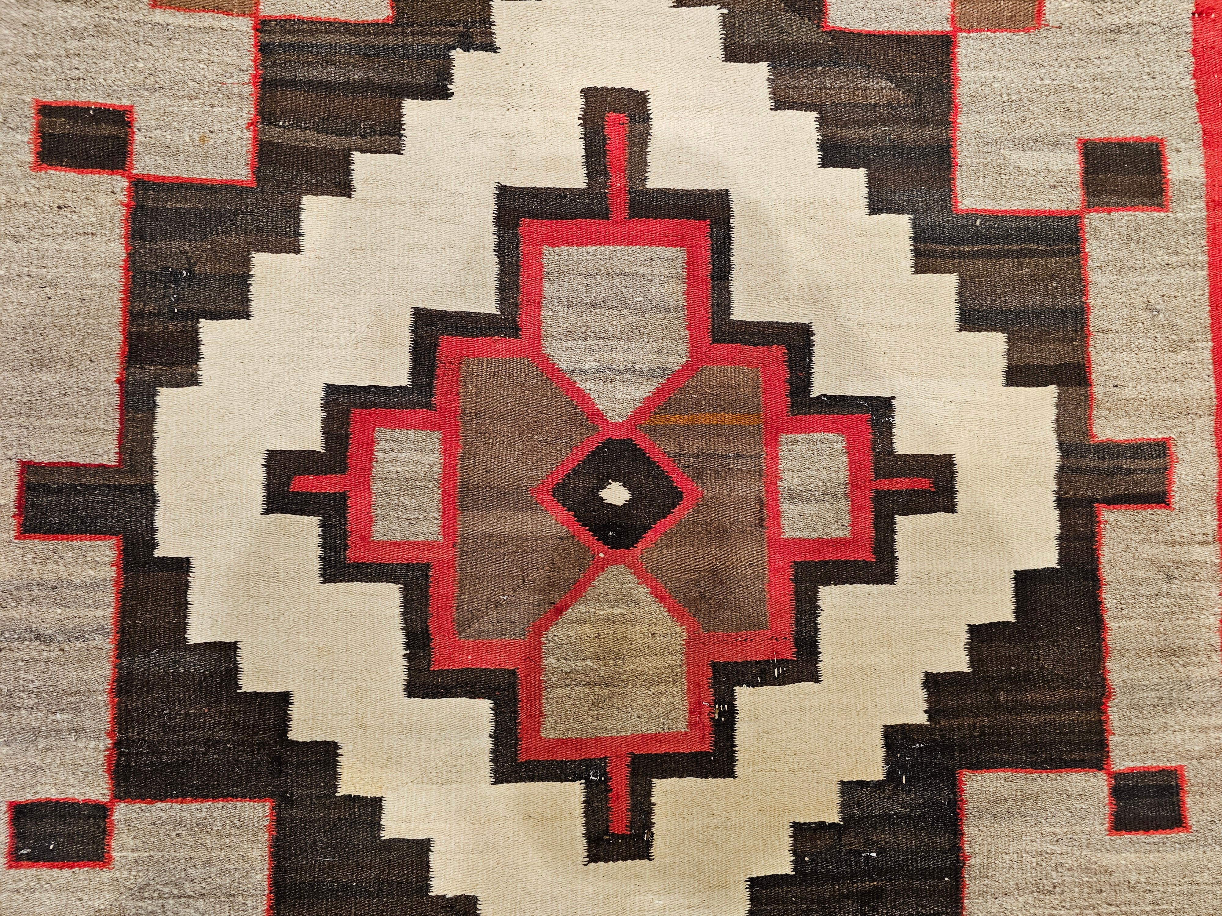 20th Century Vintage Native American Navajo Area Rug in Oatmeal, Red, Brown, Gray For Sale