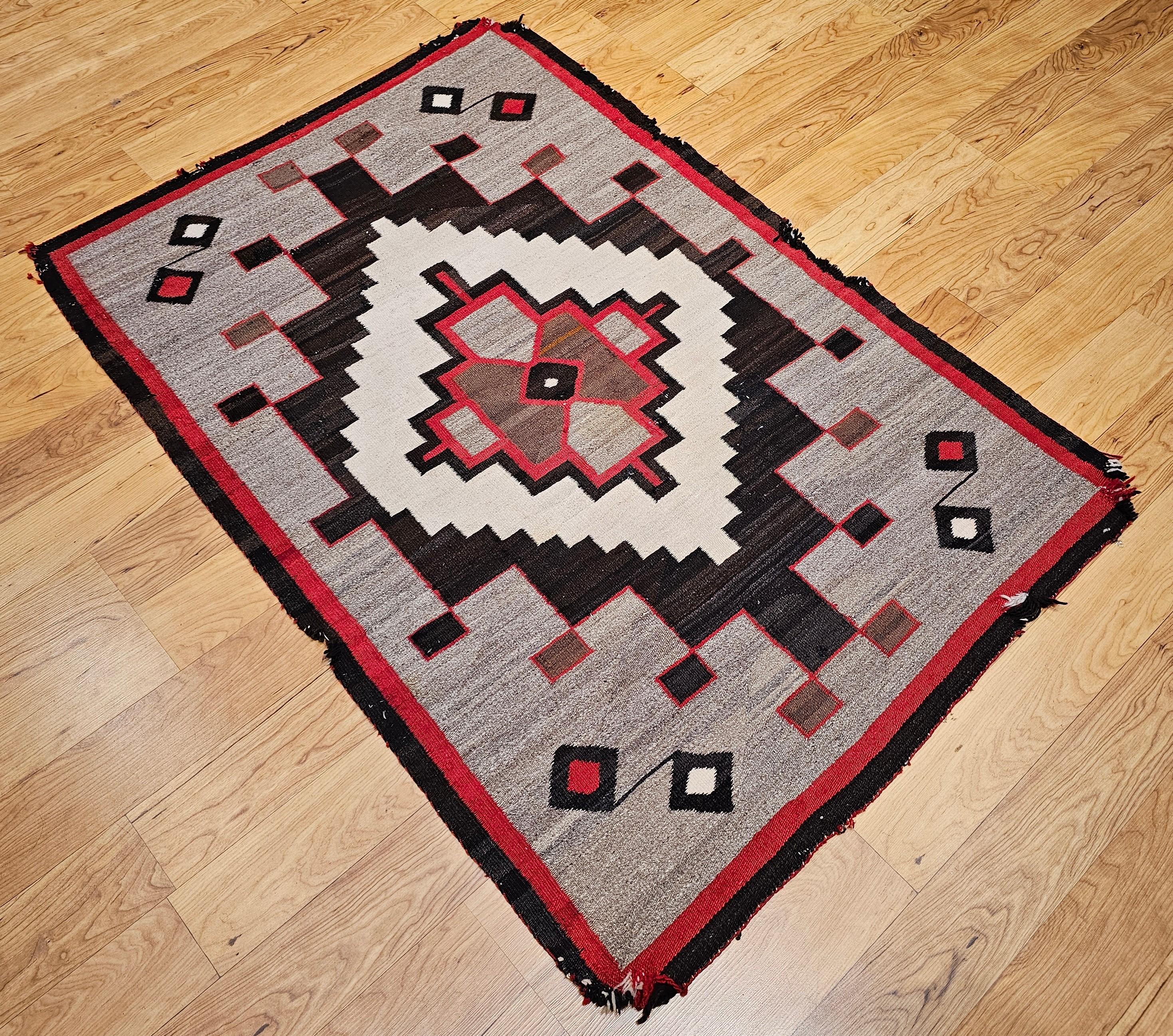 Wool Vintage Native American Navajo Area Rug in Oatmeal, Red, Brown, Gray For Sale