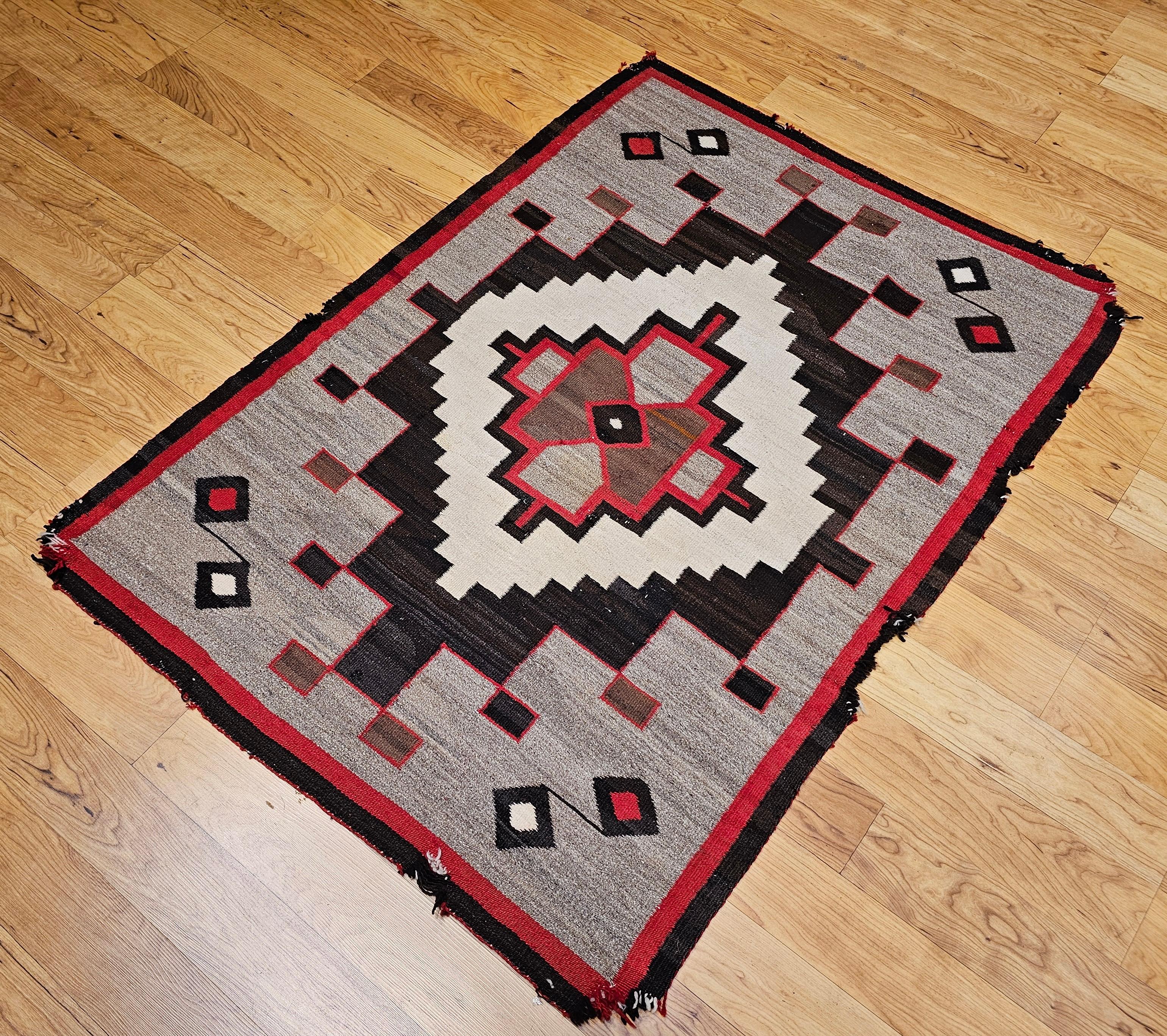 Vintage Native American Navajo Area Rug in Oatmeal, Red, Brown, Gray For Sale 2