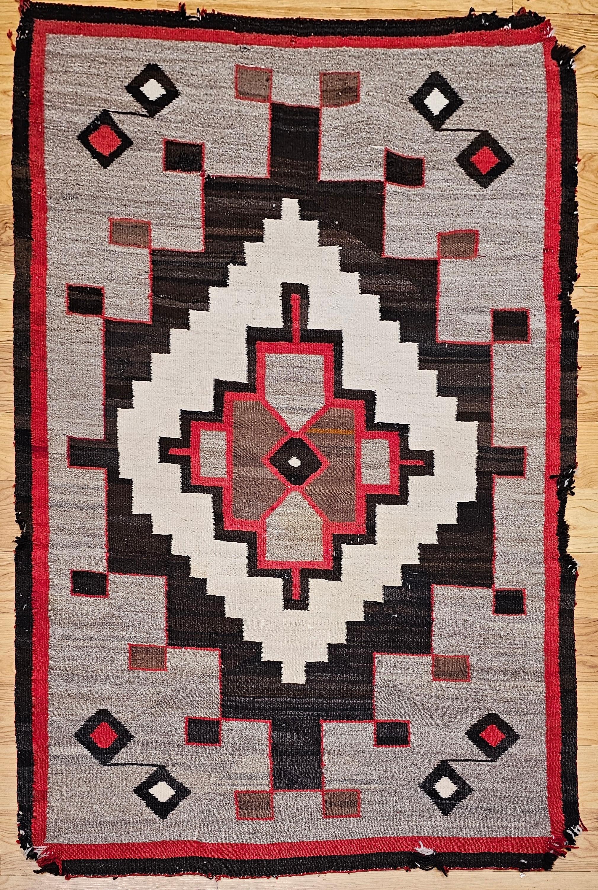 Vintage Native American Navajo Area Rug in Oatmeal, Red, Brown, Gray For Sale