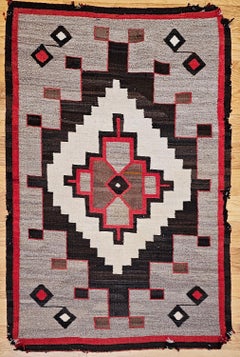 Vintage Native American Navajo Area Rug in Oatmeal, Red, Brown, Gray