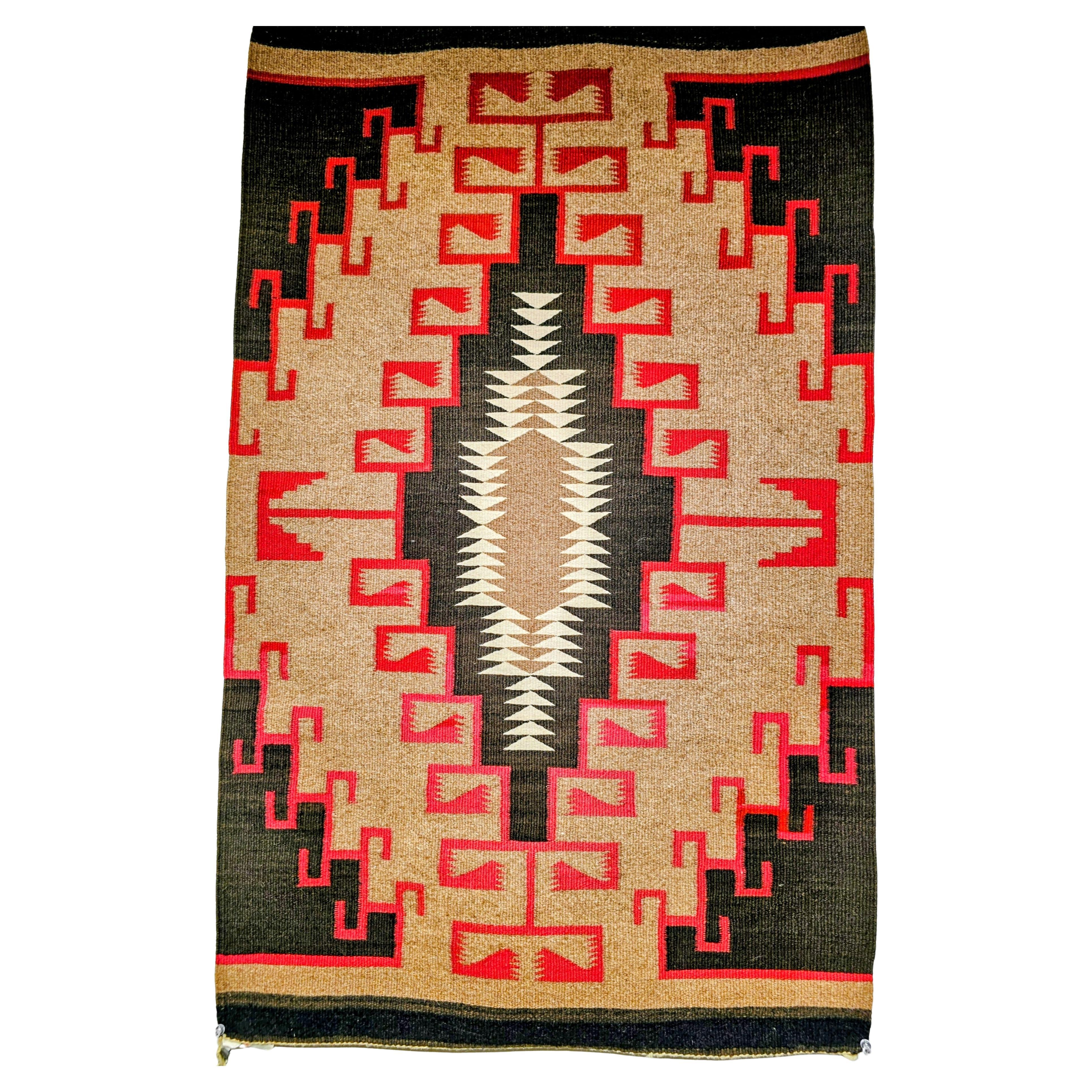 Vintage Native American Navajo Area Rug in Oatmeal, Red, Ivory, Brown