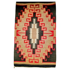 Vintage Native American Navajo Area Rug in Oatmeal, Red, Ivory, Brown