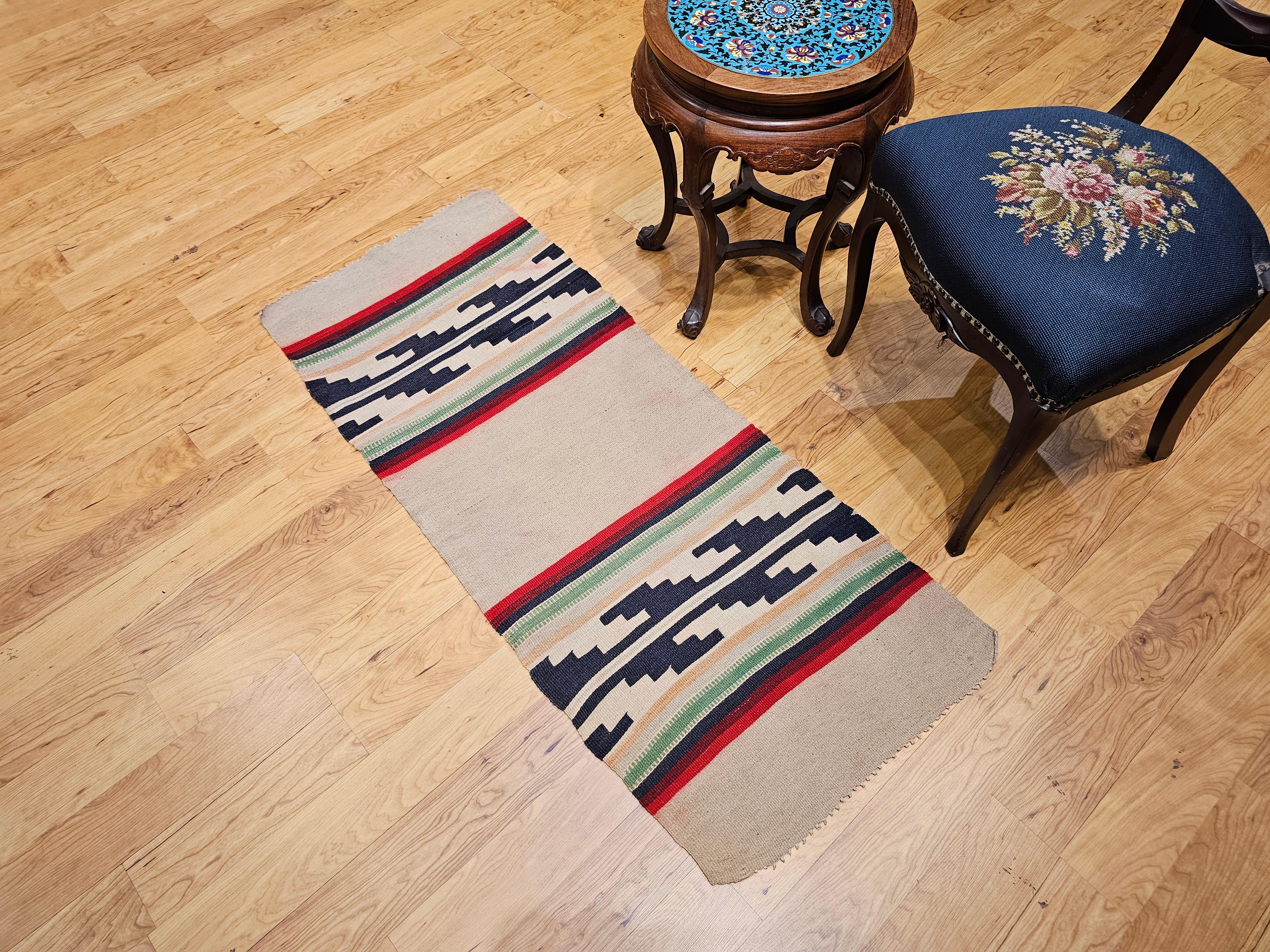 Vintage Native American Navajo Rug in Ivory, Black, Red with Stair-Step Design For Sale 4