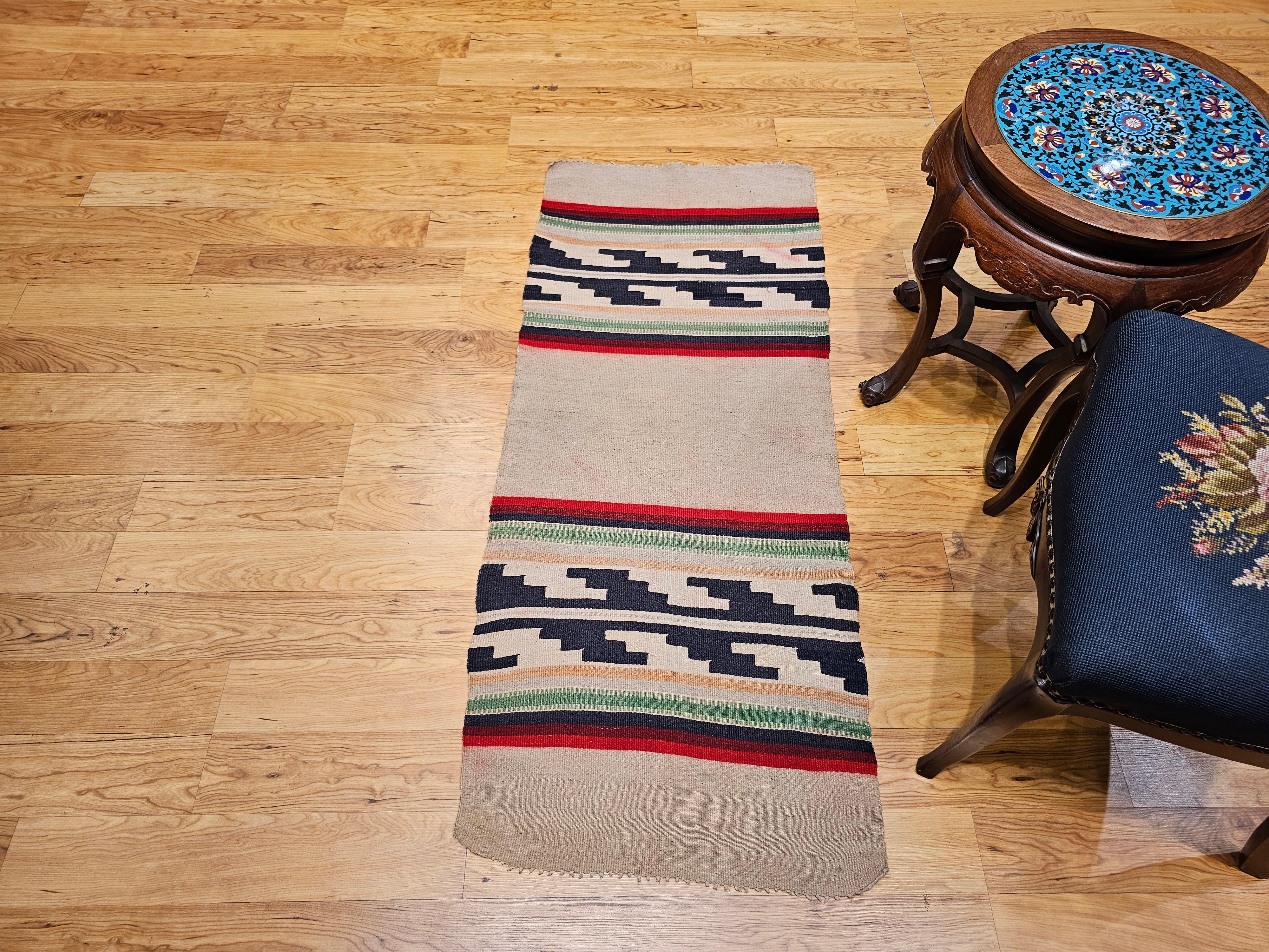 Vintage Native American Navajo Rug in Ivory, Black, Red with Stair-Step Design For Sale 5