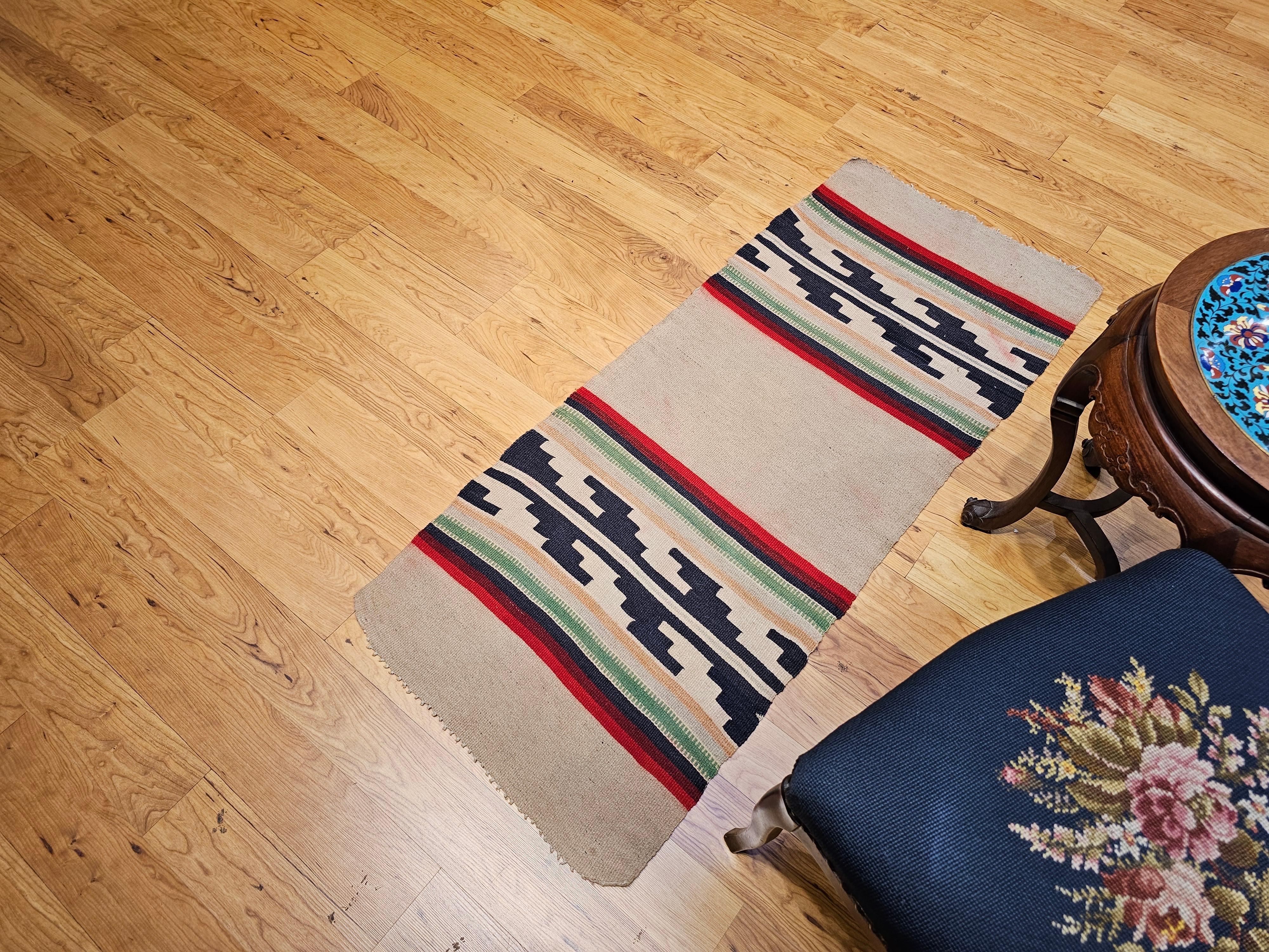 Vintage Native American Navajo Rug in Ivory, Black, Red with Stair-Step Design For Sale 6