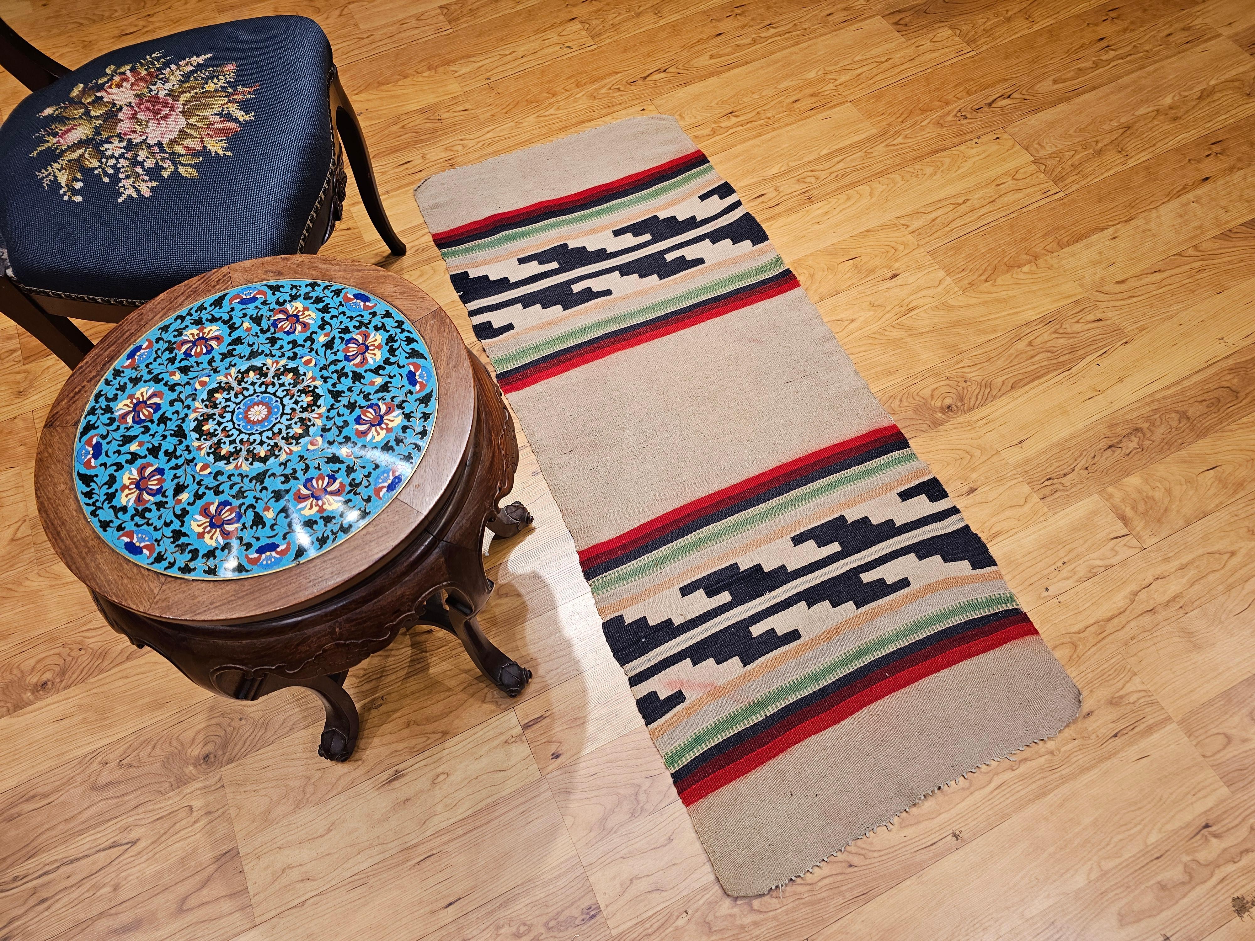 Vintage Native American Navajo Rug in Ivory, Black, Red with Stair-Step Design For Sale 7