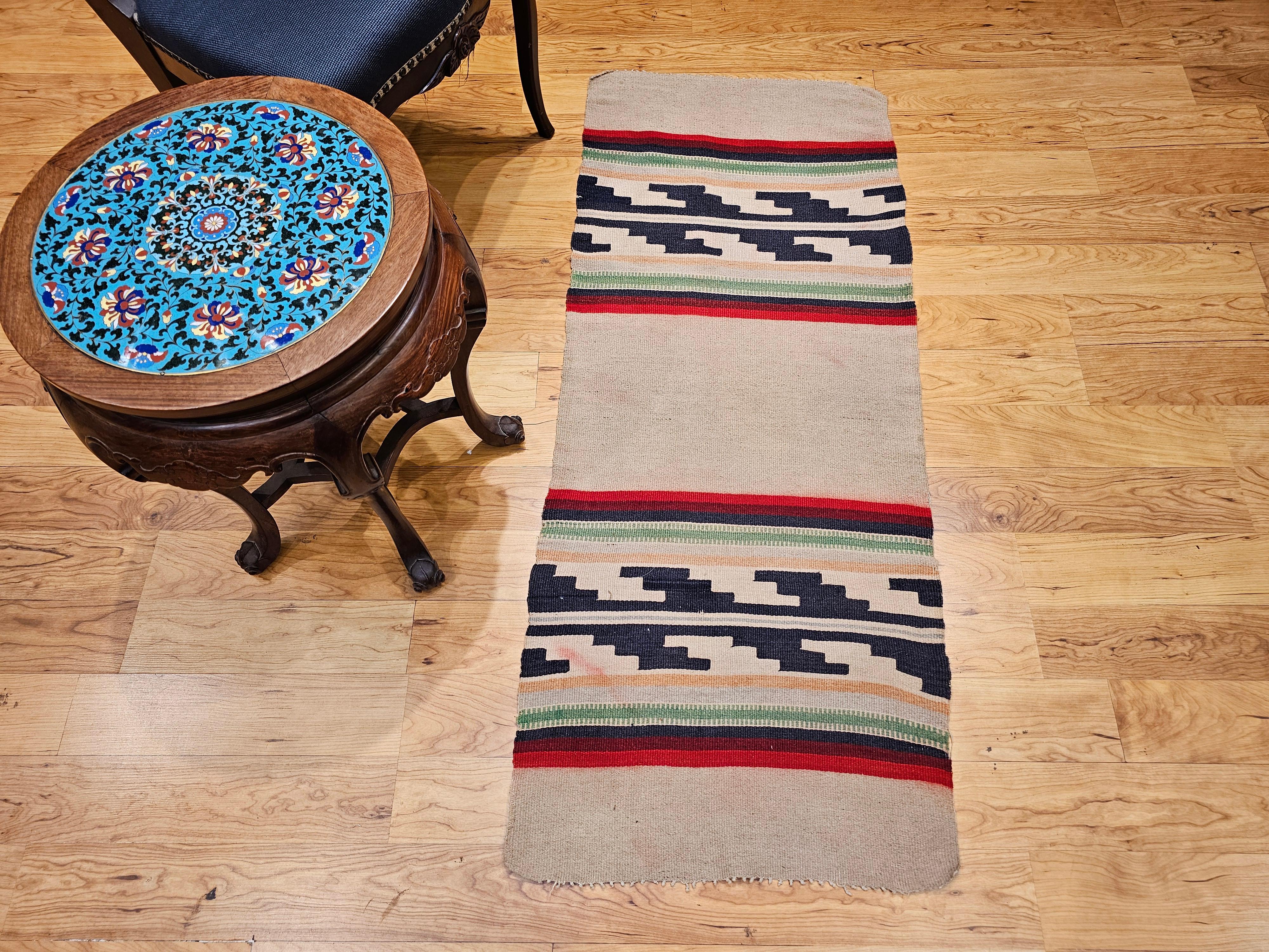 Vintage Native American Navajo Rug in Ivory, Black, Red with Stair-Step Design For Sale 8