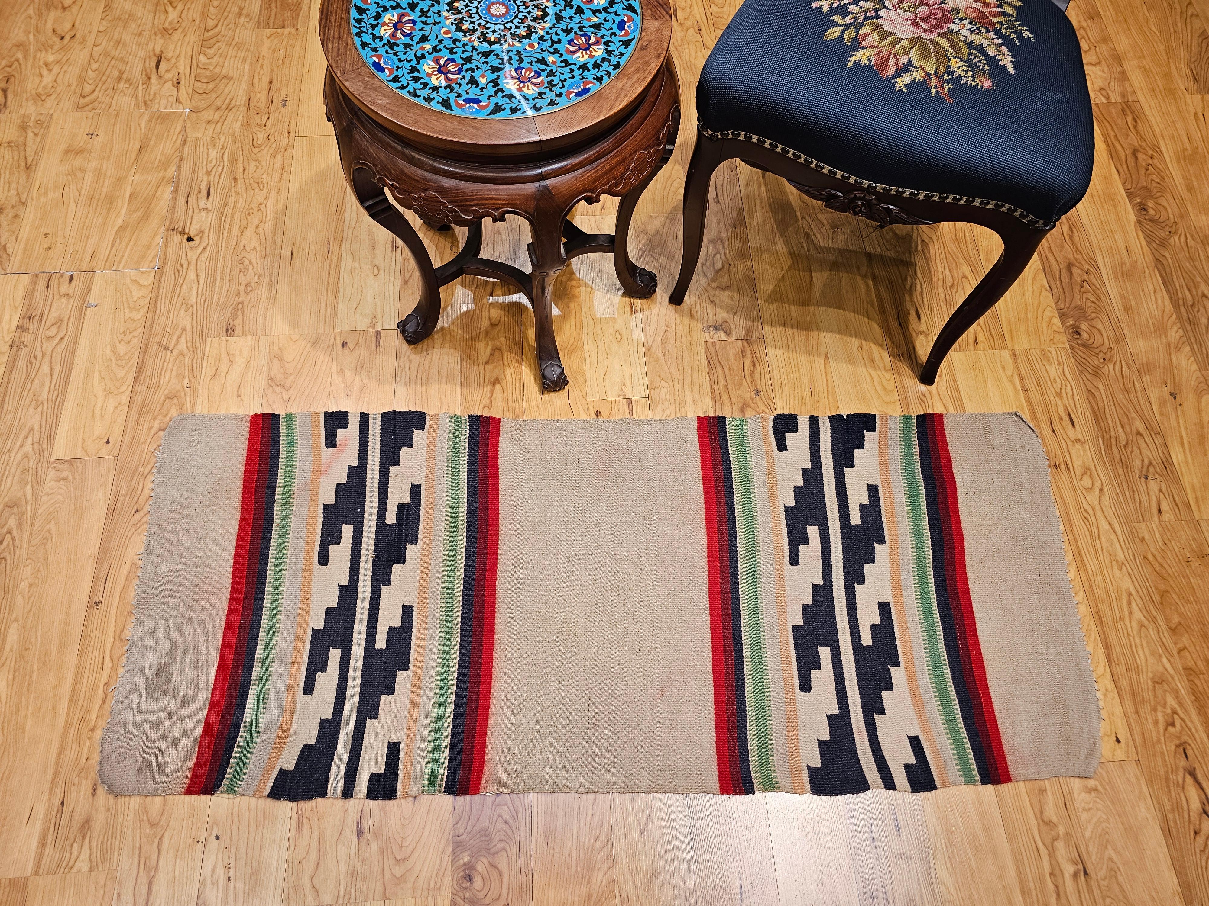 Vintage Native American Navajo Rug in Ivory, Black, Red with Stair-Step Design For Sale 10