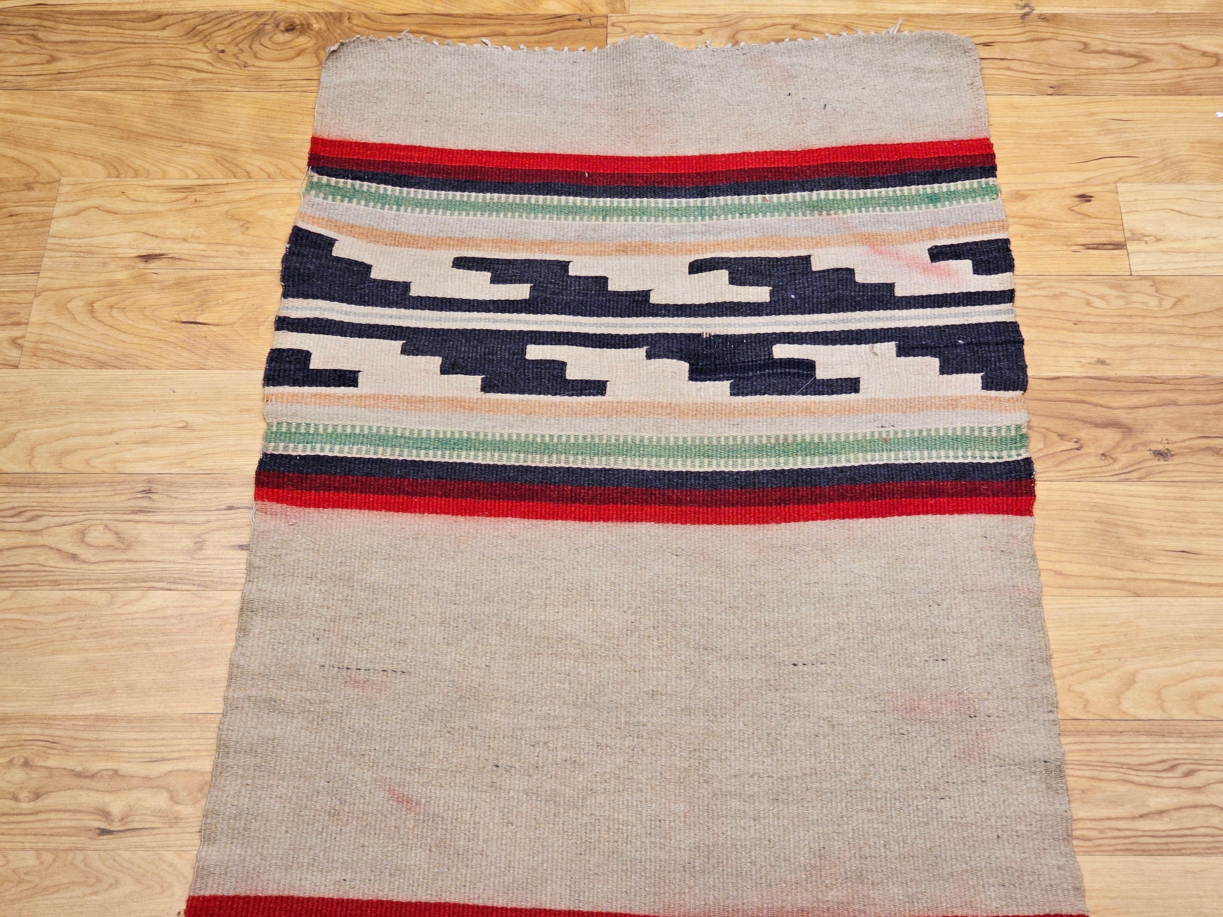 Hand-Woven Vintage Native American Navajo Rug in Ivory, Black, Red with Stair-Step Design For Sale