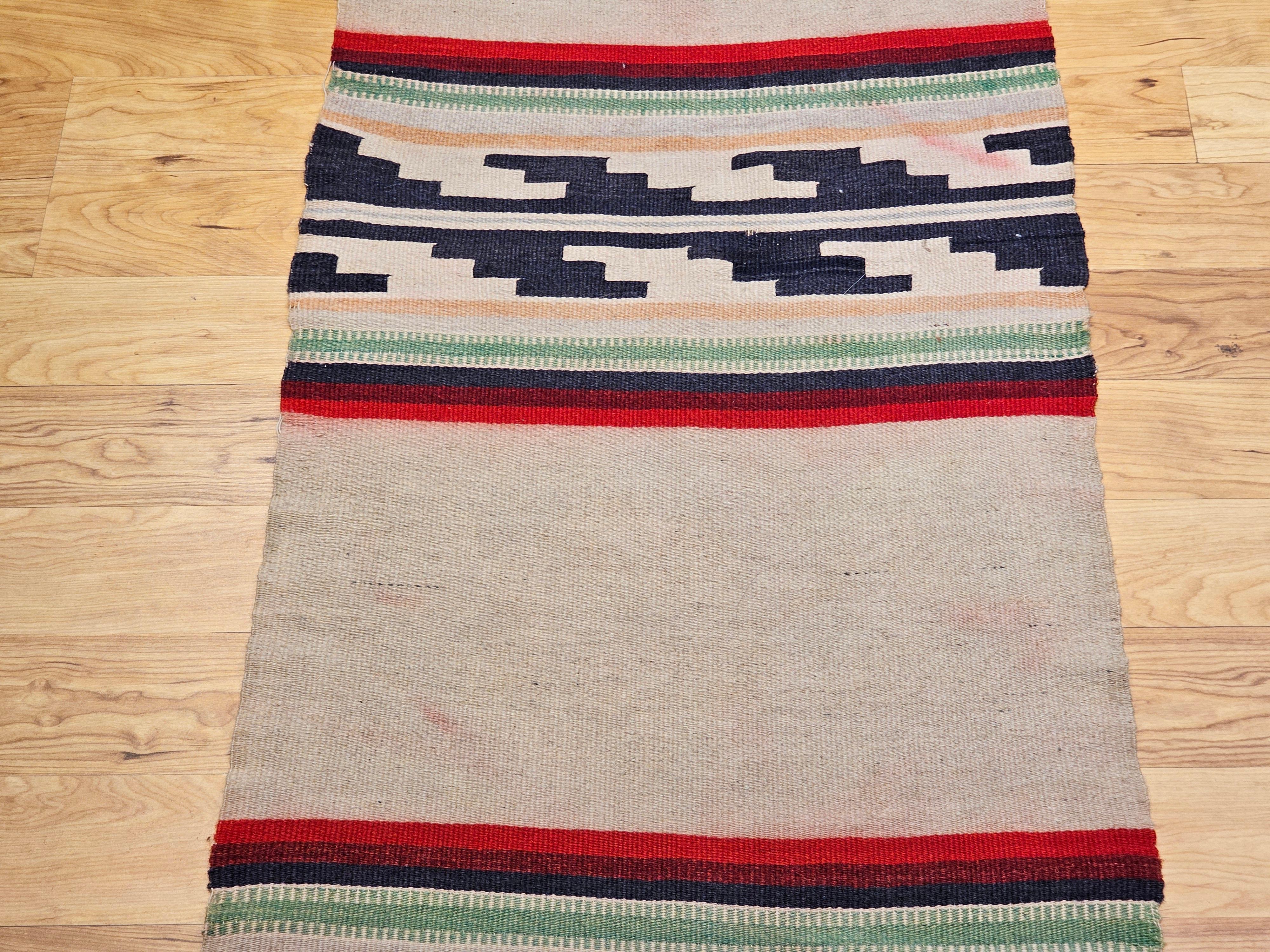 Vintage Native American Navajo Rug in Ivory, Black, Red with Stair-Step Design In Good Condition For Sale In Barrington, IL