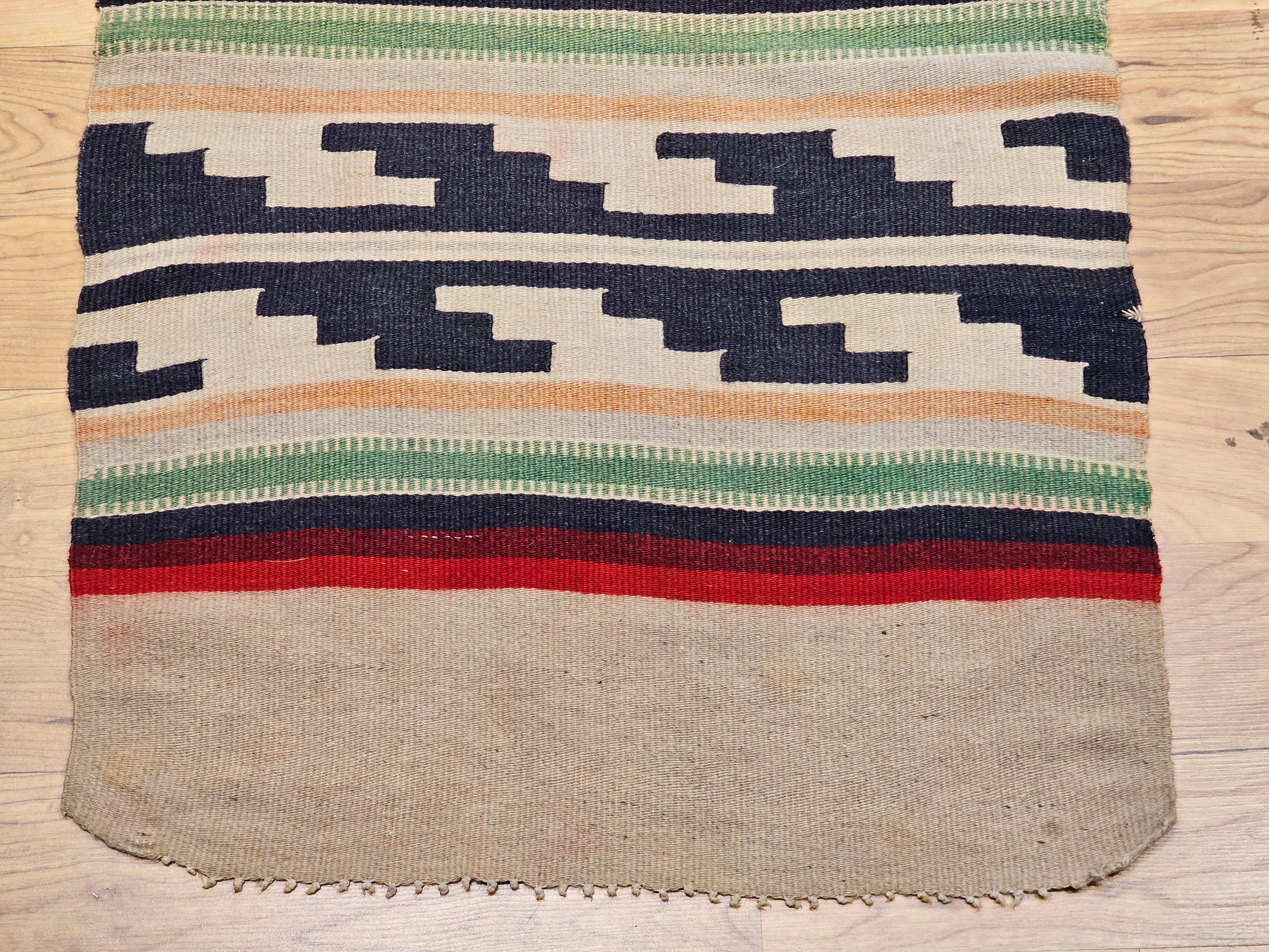20th Century Vintage Native American Navajo Rug in Ivory, Black, Red with Stair-Step Design For Sale