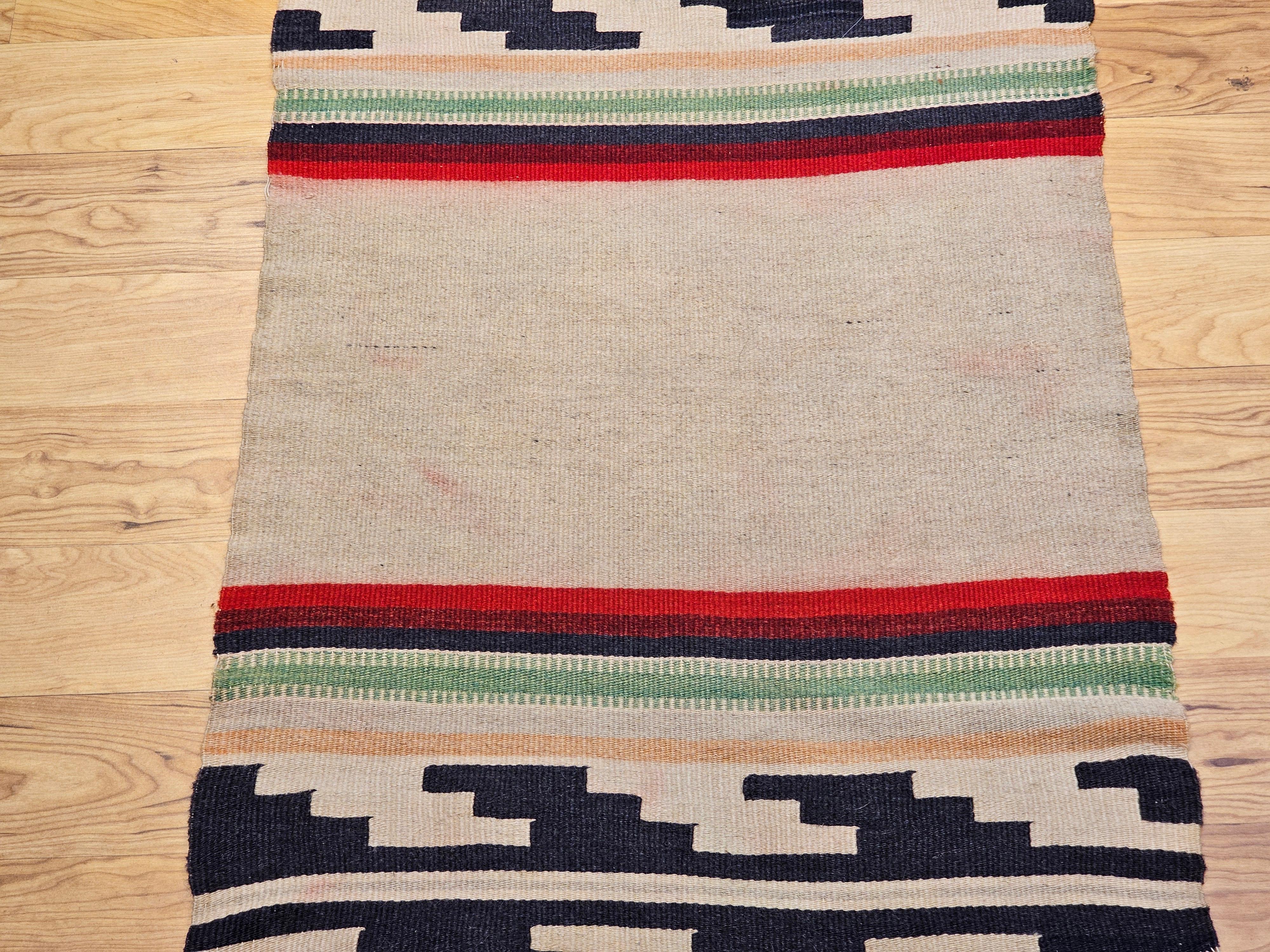 Wool Vintage Native American Navajo Rug in Ivory, Black, Red with Stair-Step Design For Sale