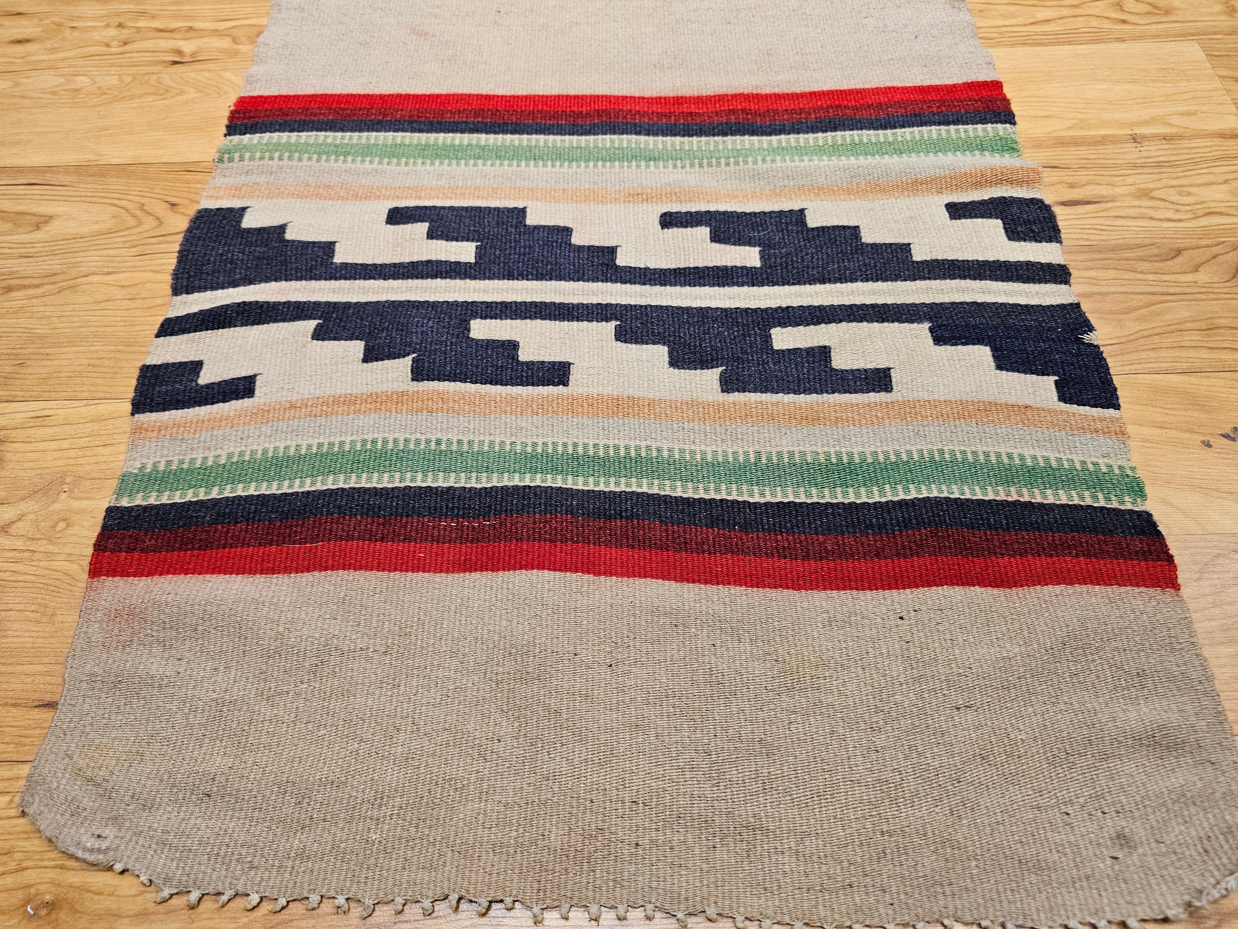 Vintage Native American Navajo Rug in Ivory, Black, Red with Stair-Step Design For Sale 1