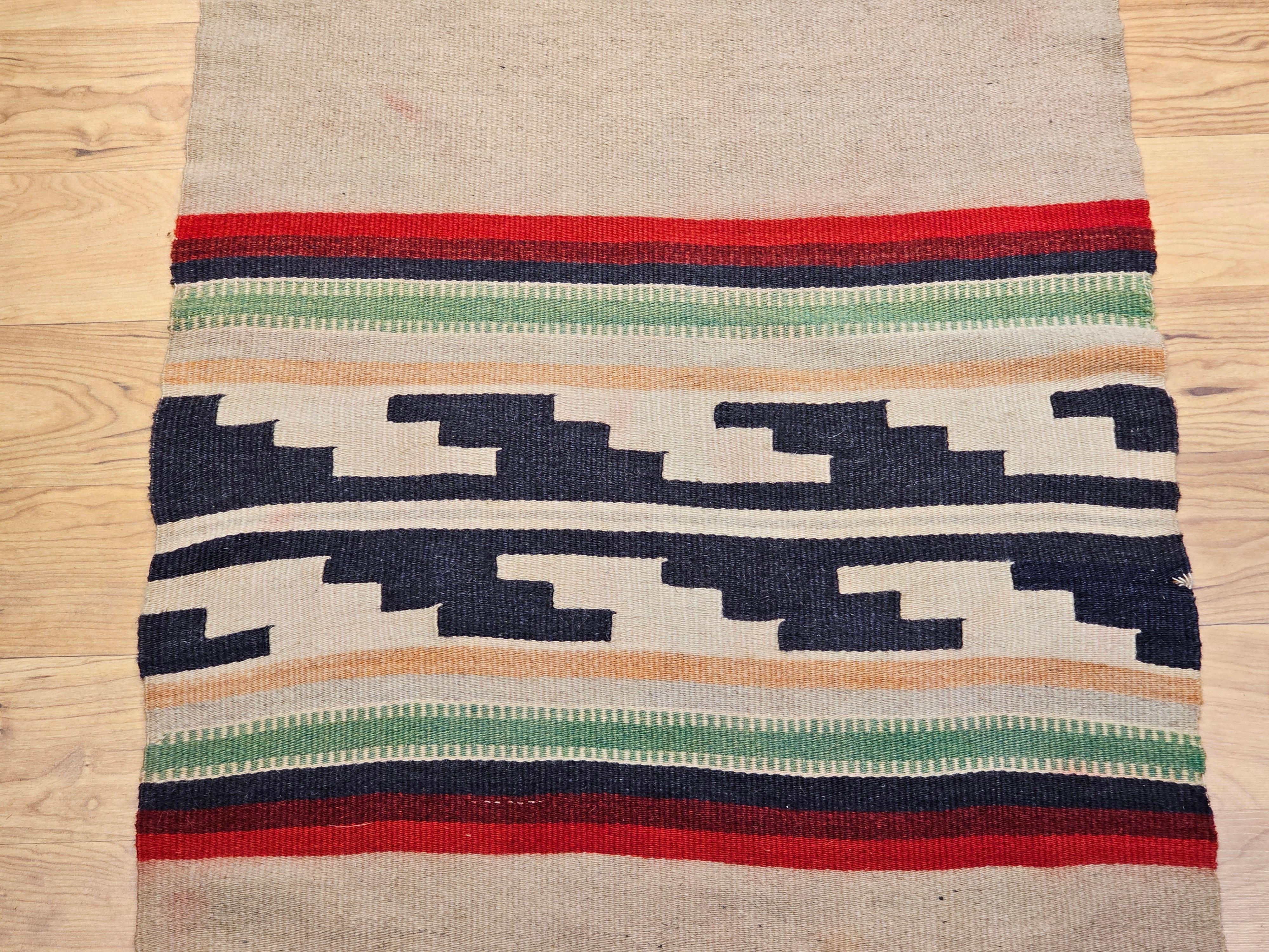Vintage Native American Navajo Rug in Ivory, Black, Red with Stair-Step Design For Sale 2