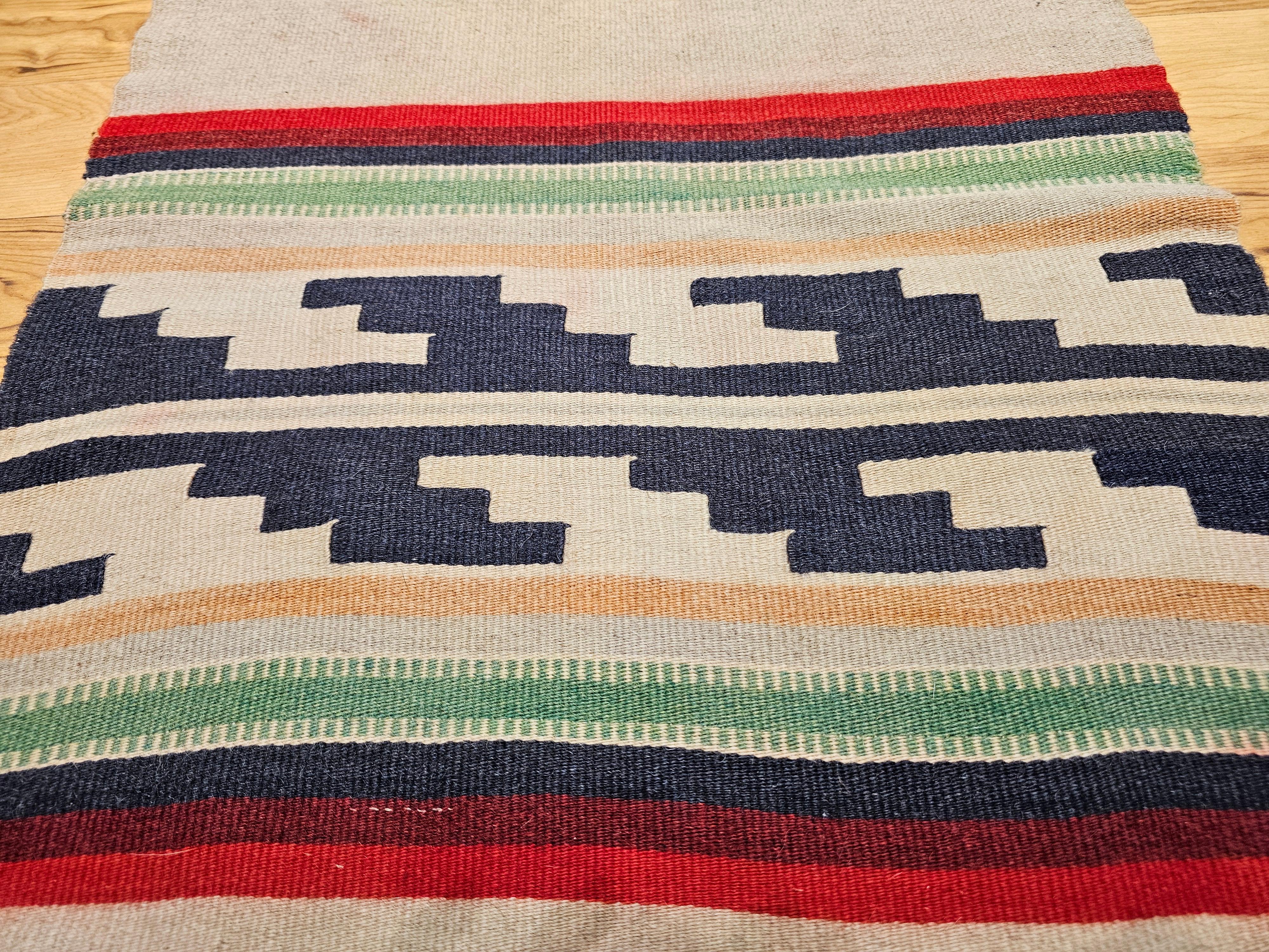 Vintage Native American Navajo Rug in Ivory, Black, Red with Stair-Step Design For Sale 3