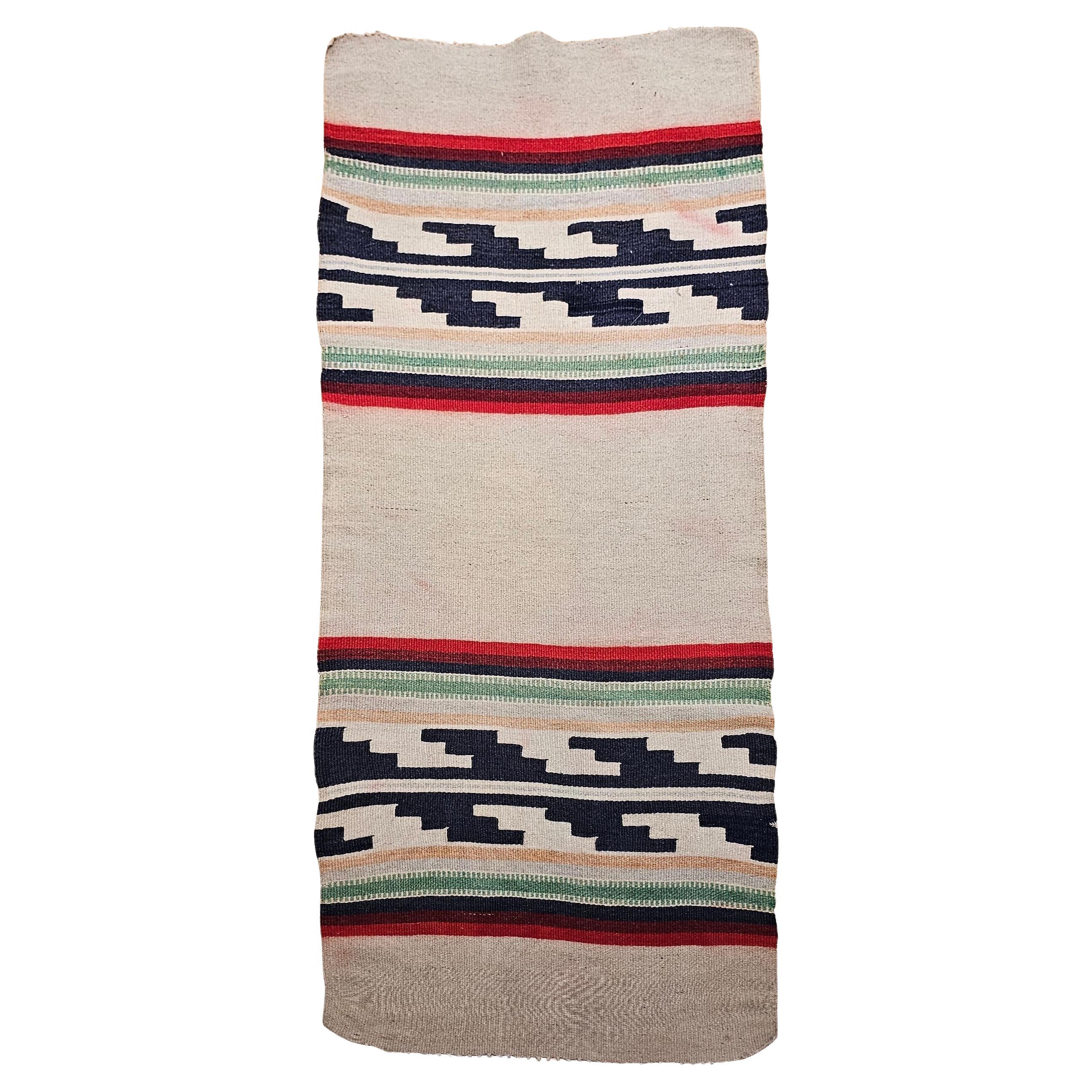 Vintage Native American Navajo Rug in Ivory, Black, Red with Stair-Step Design For Sale