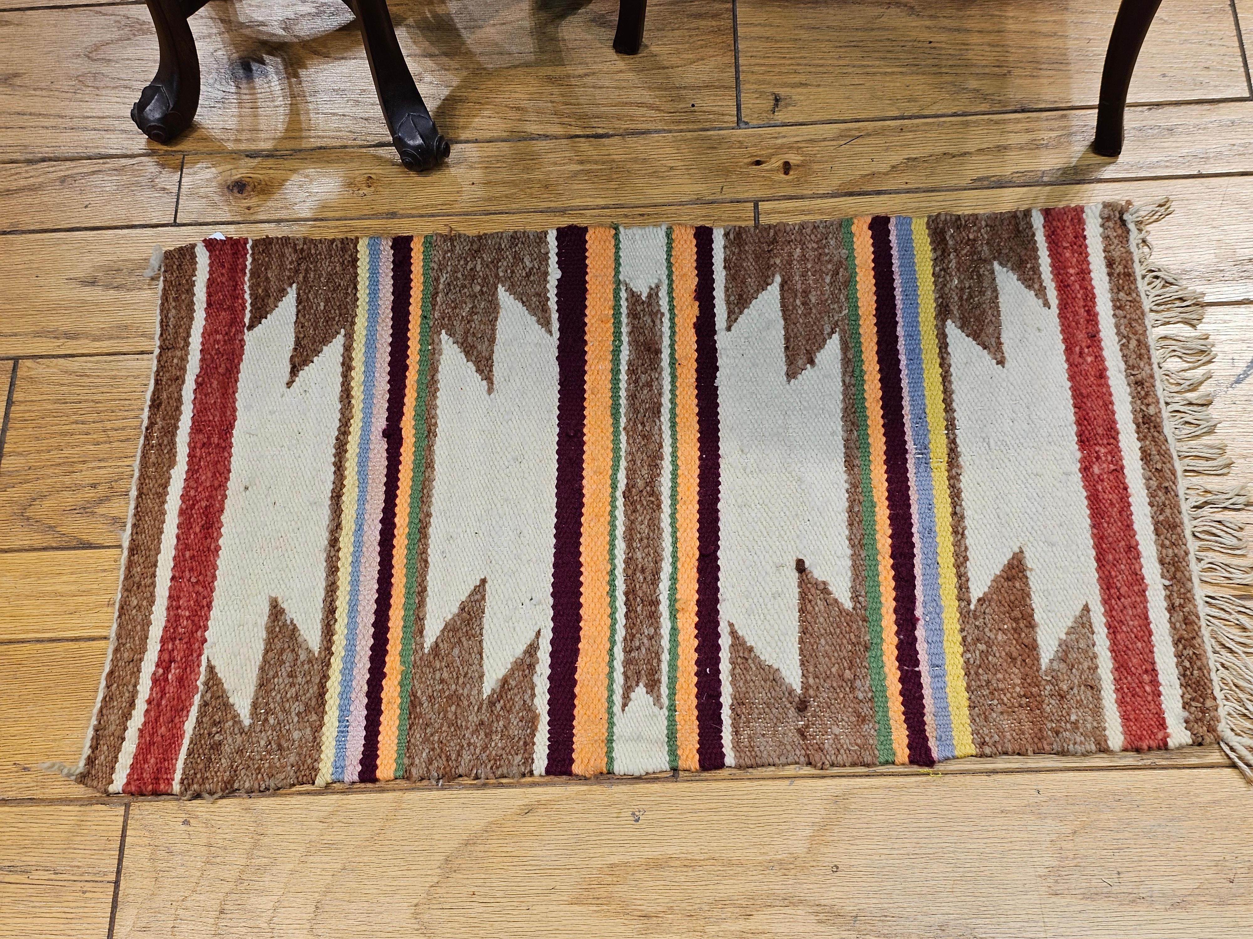 20th Century Vintage Native American Navajo Area Rug in Wide Band Pattern in Ivory, Rust For Sale
