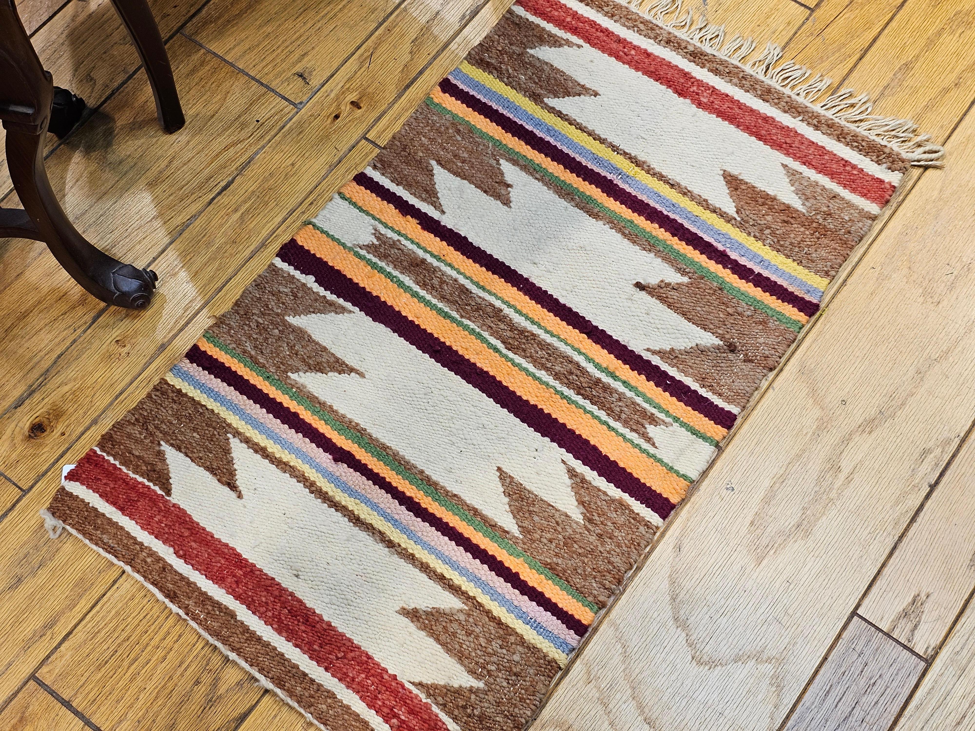 Wool Vintage Native American Navajo Area Rug in Wide Band Pattern in Ivory, Rust For Sale