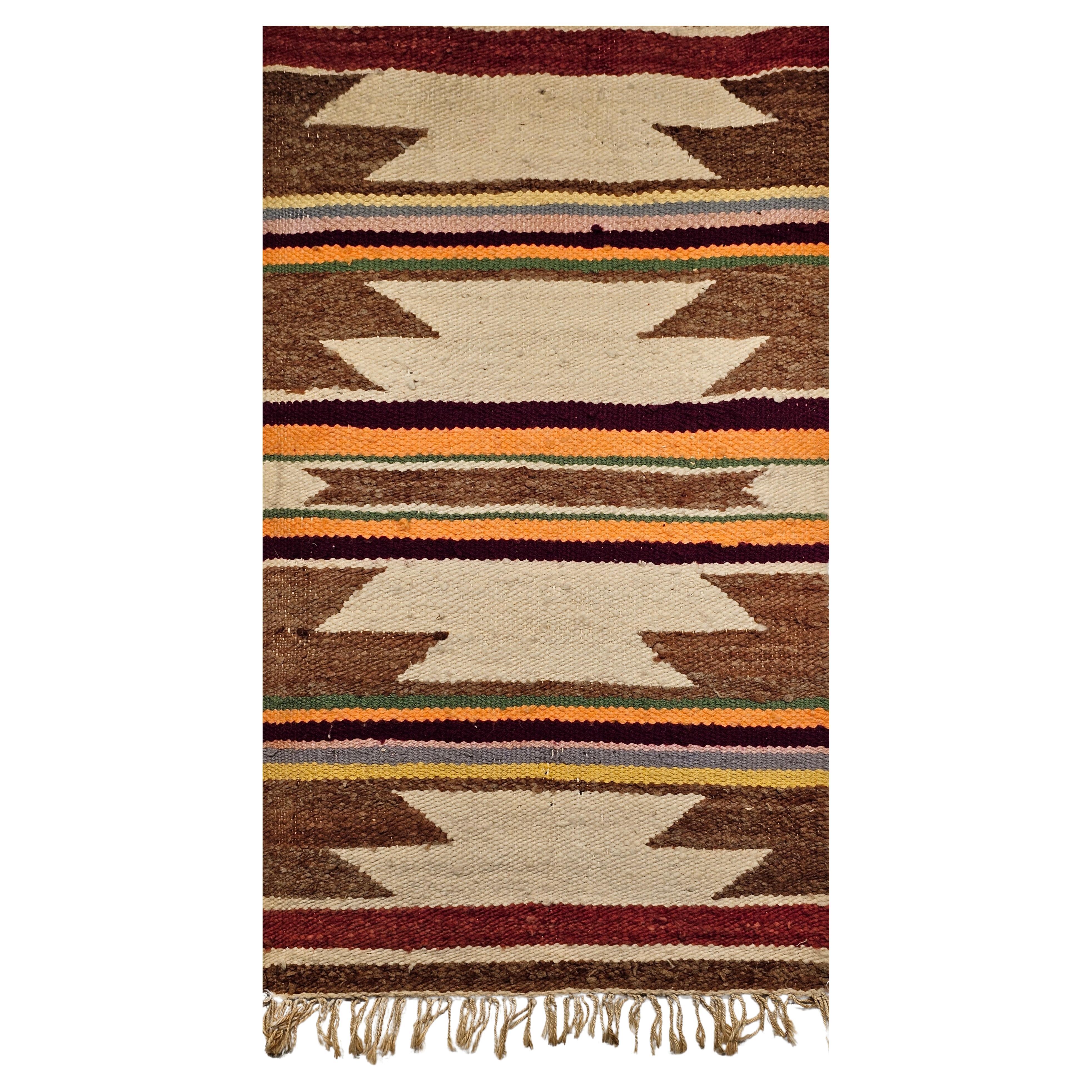 Vintage Native American Navajo Area Rug in Wide Band Pattern in Ivory, Rust For Sale