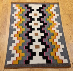 Vintage Navajo Rug, Handwoven Wool on Cotton, Geometric Design, 1970s