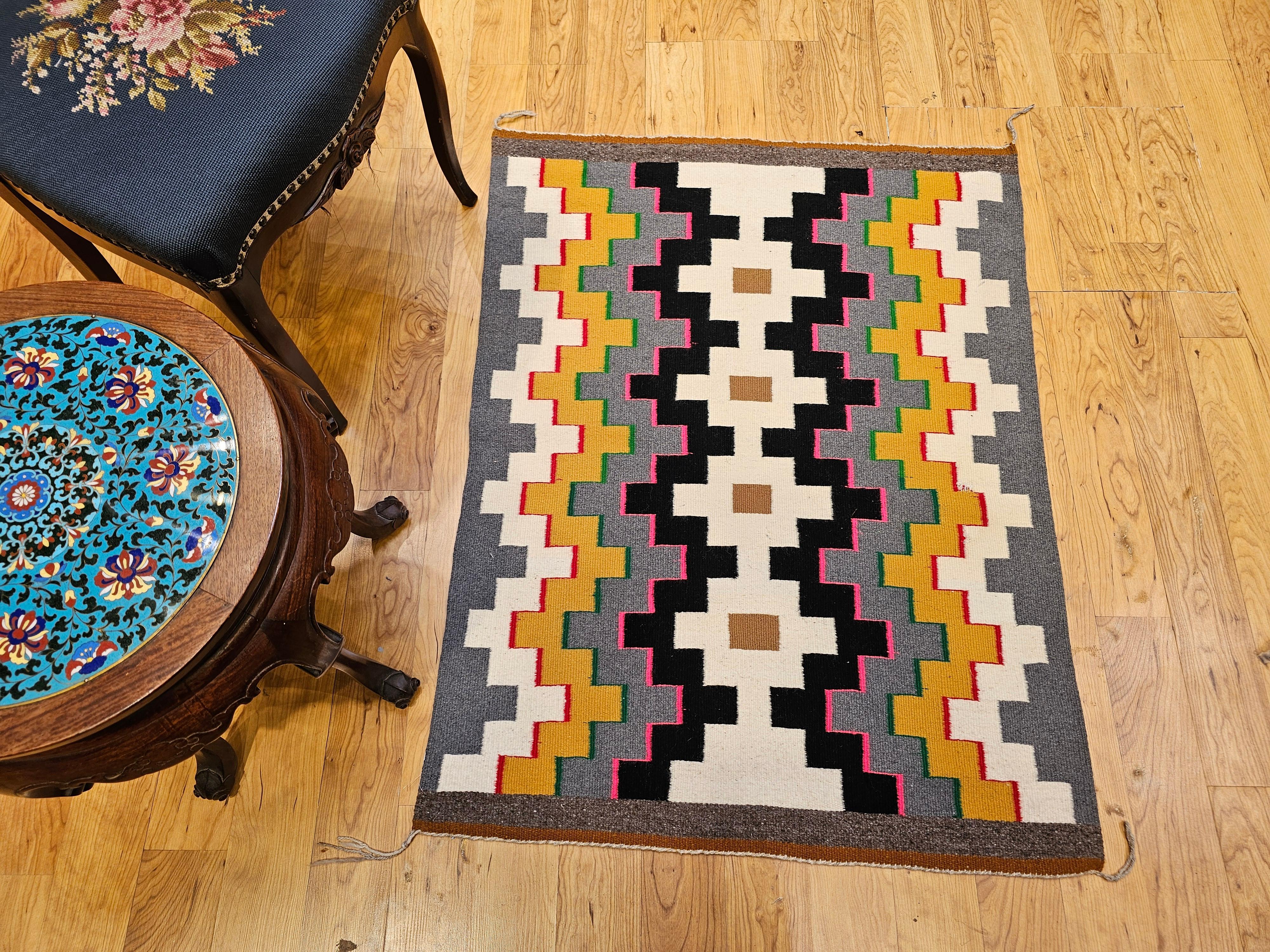 Vintage Native American Navajo Area Rug with Geometric Eye Dazzler Pattern For Sale 11