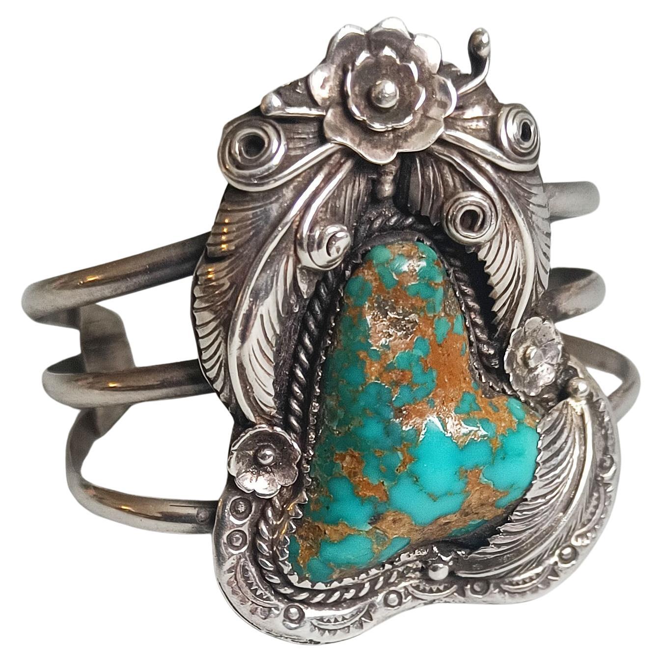 Bracelet manchette Navajo amérindien vintage argenté turquoise vieille patte