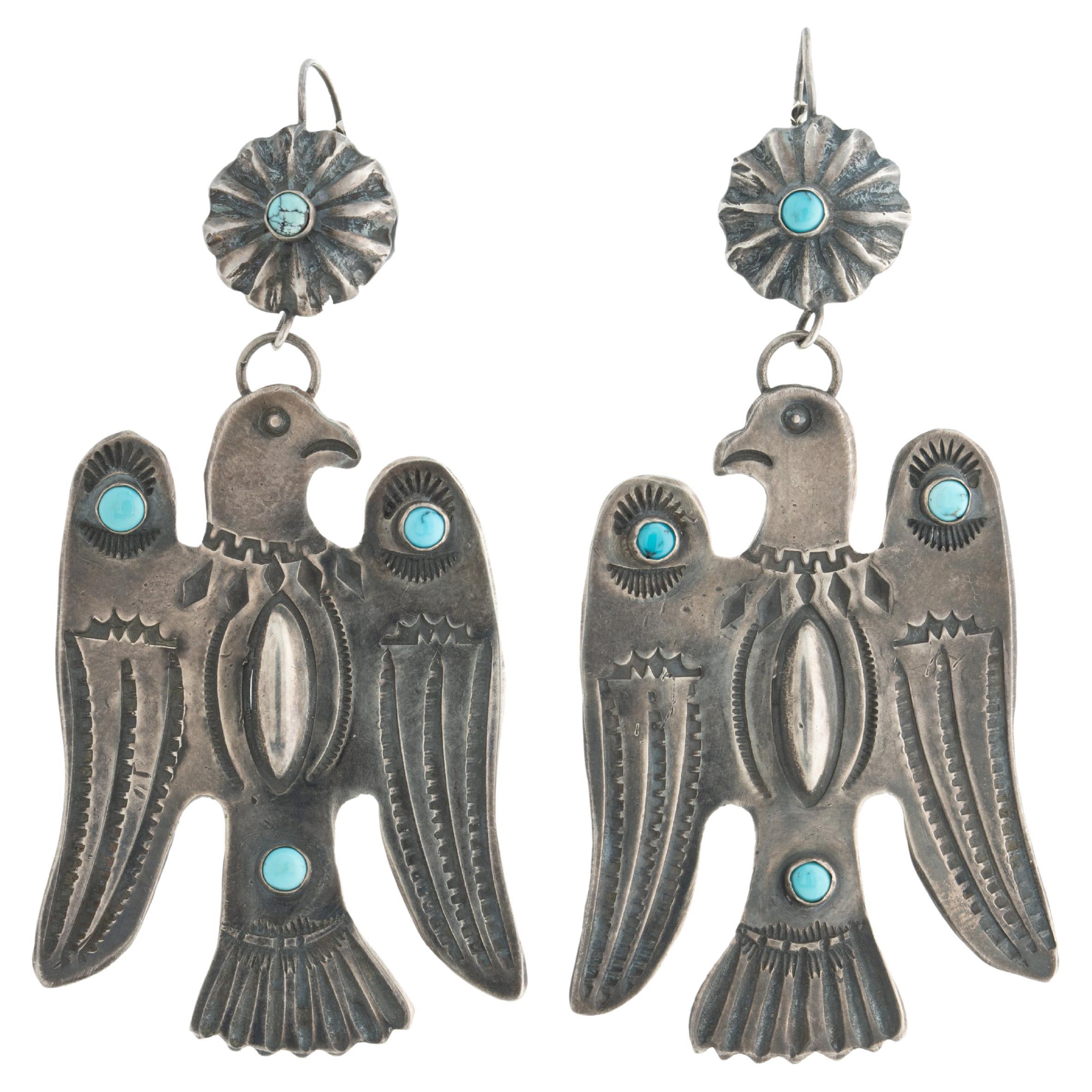 B.Begay Navajo Handmade Sterling Silver Thunder Bird Turquoise Pendant-Earrings 