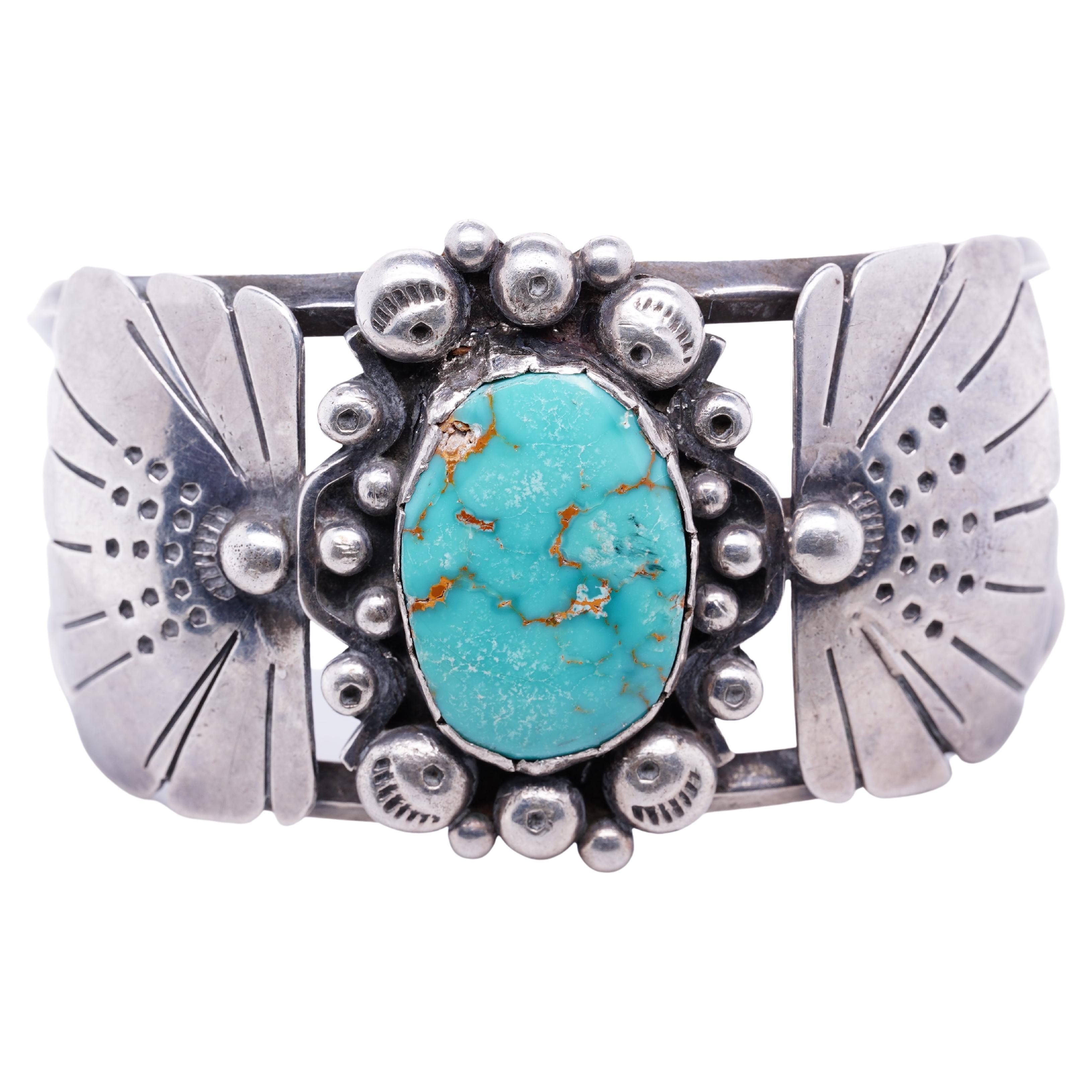 Vintage Native American Navajo Floral Sterling Cuff W/ Large Green Turquoise