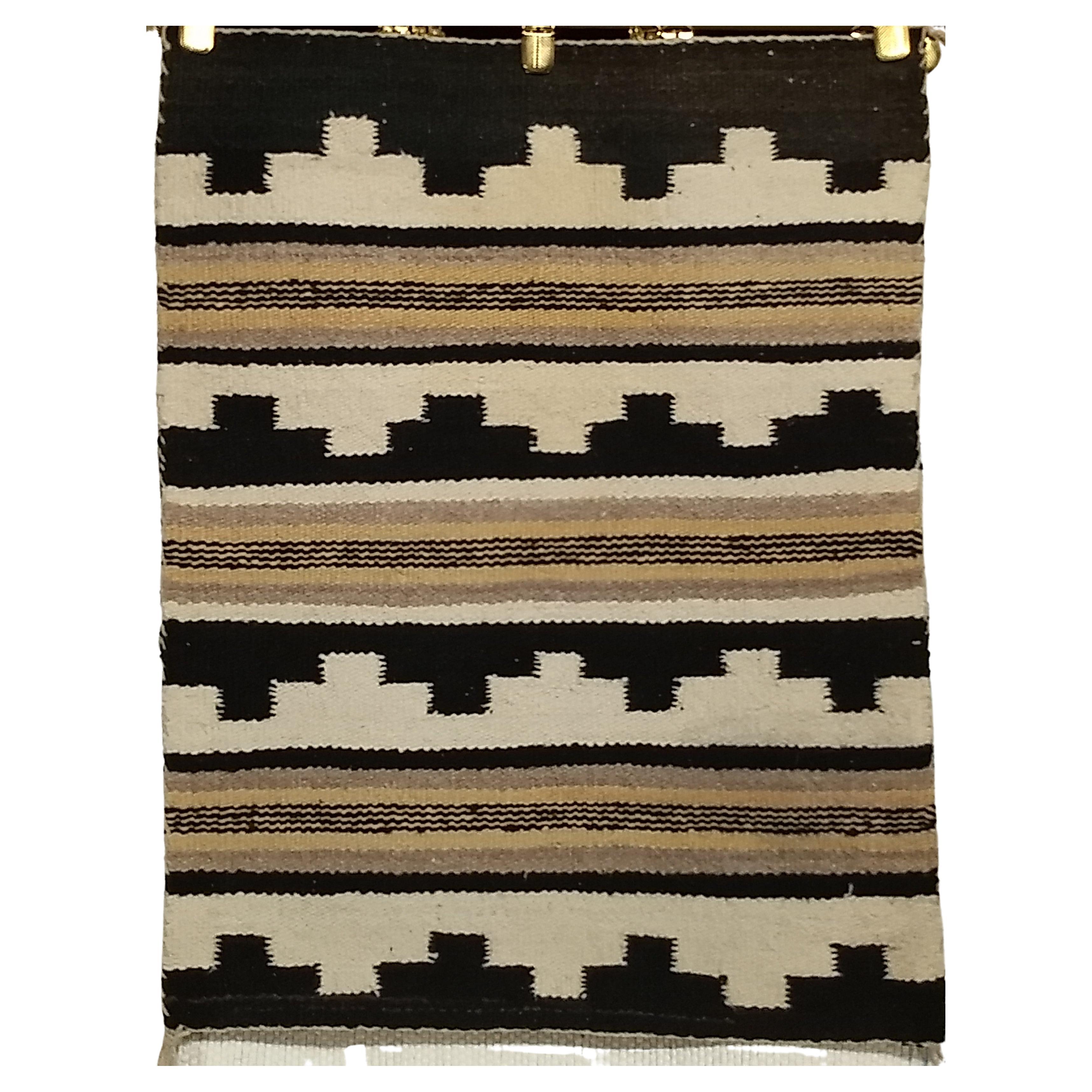 Vintage American Navajo Rug in A Canyon Pattern in Ivory, Black, Cappuccino