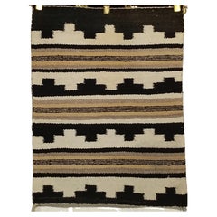 Retro American Navajo Rug in A Canyon Pattern in Ivory, Black, Cappuccino