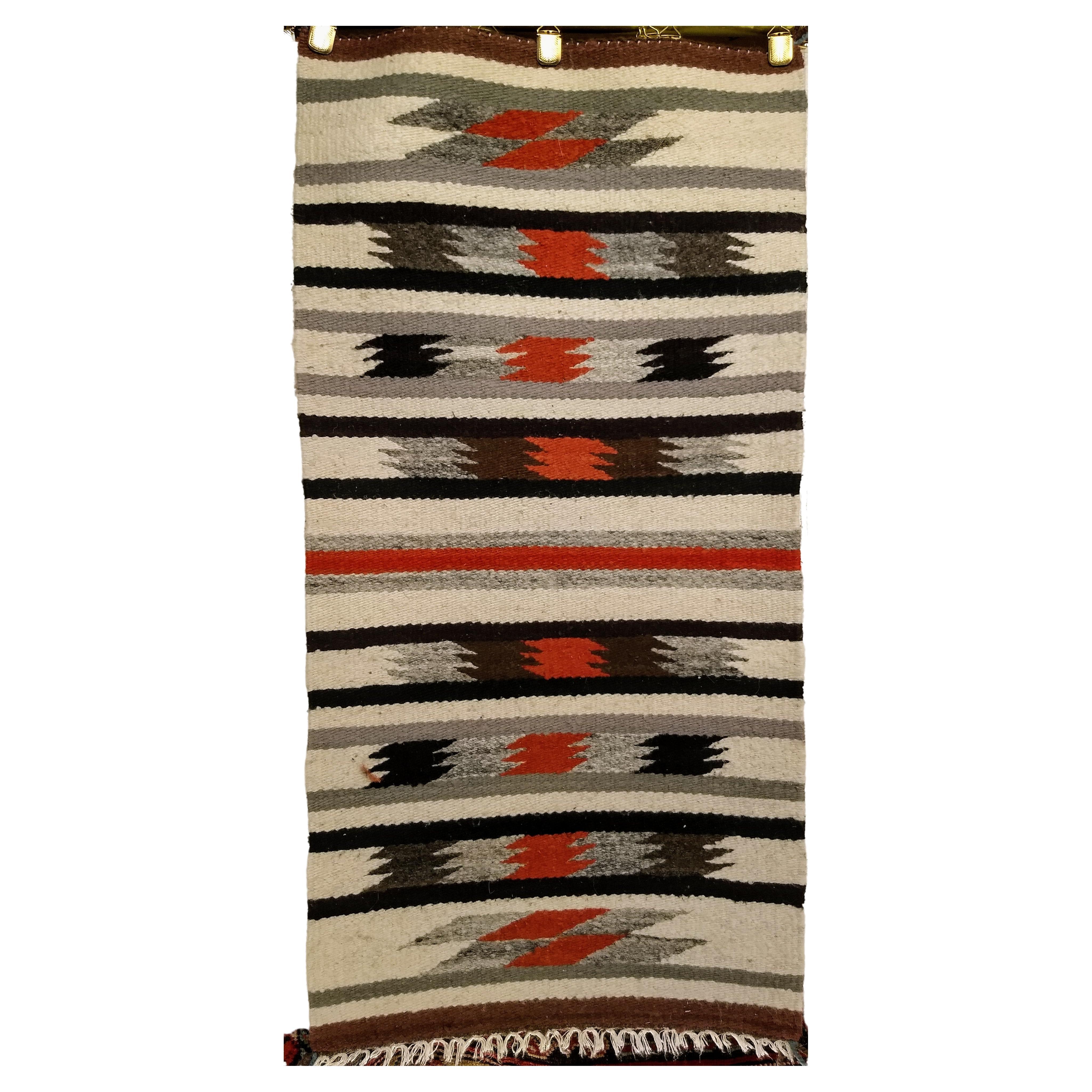 Vintage American Navajo Rug in Stripe Pattern in Ivory, Black, Gray, Rust For Sale