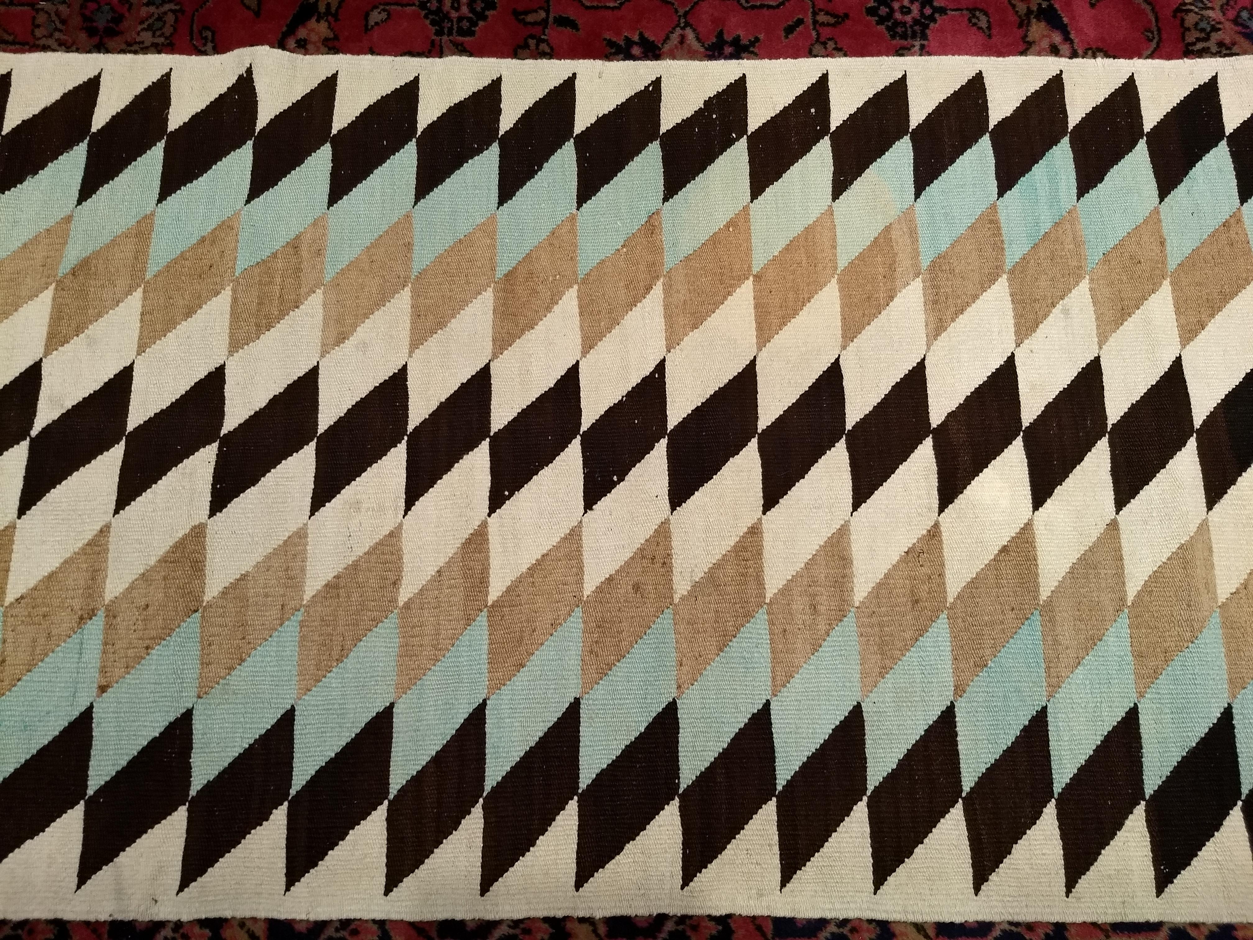 Vintage American Navajo  Eye Dazzler Rug in Tiffney Blue, Brown, Ivory, Black In Good Condition For Sale In Barrington, IL