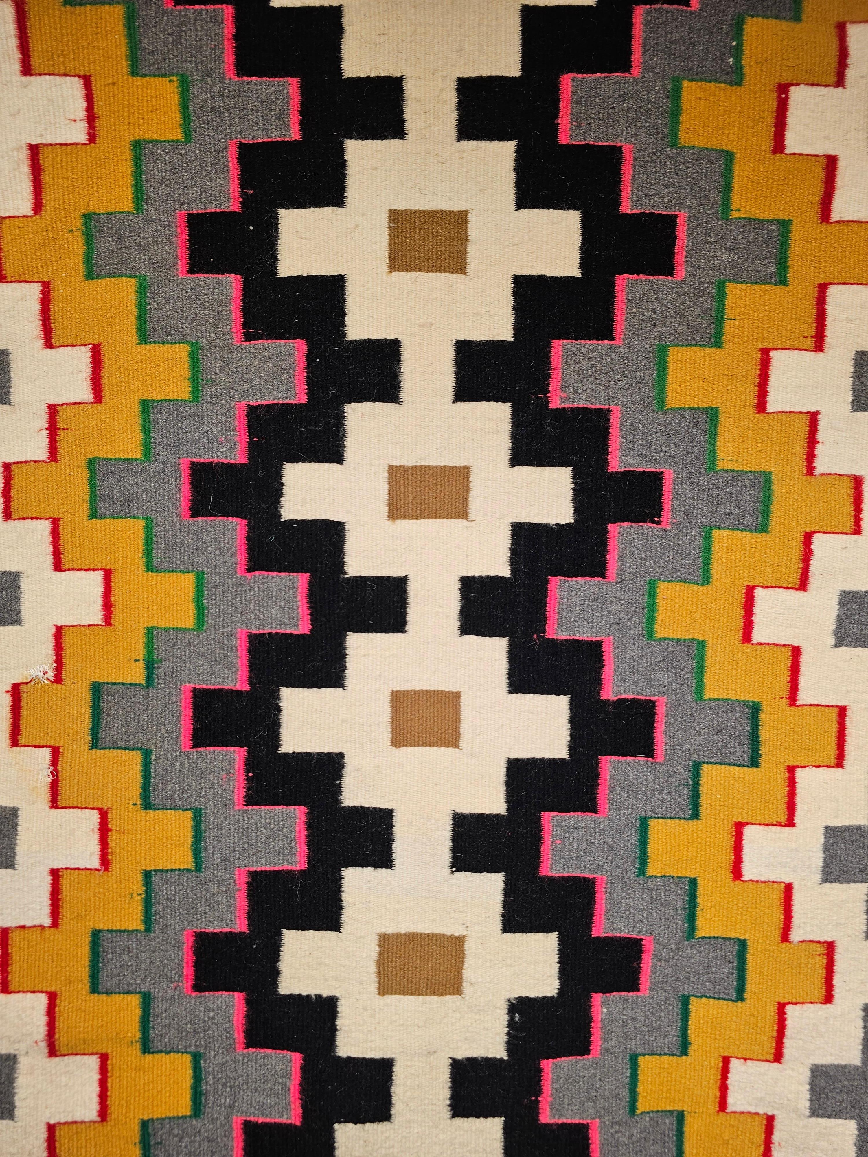 Late 20th Century Vintage American Navajo Rug in a Geometric Pattern in Ivory, Gray, Black, Brown For Sale
