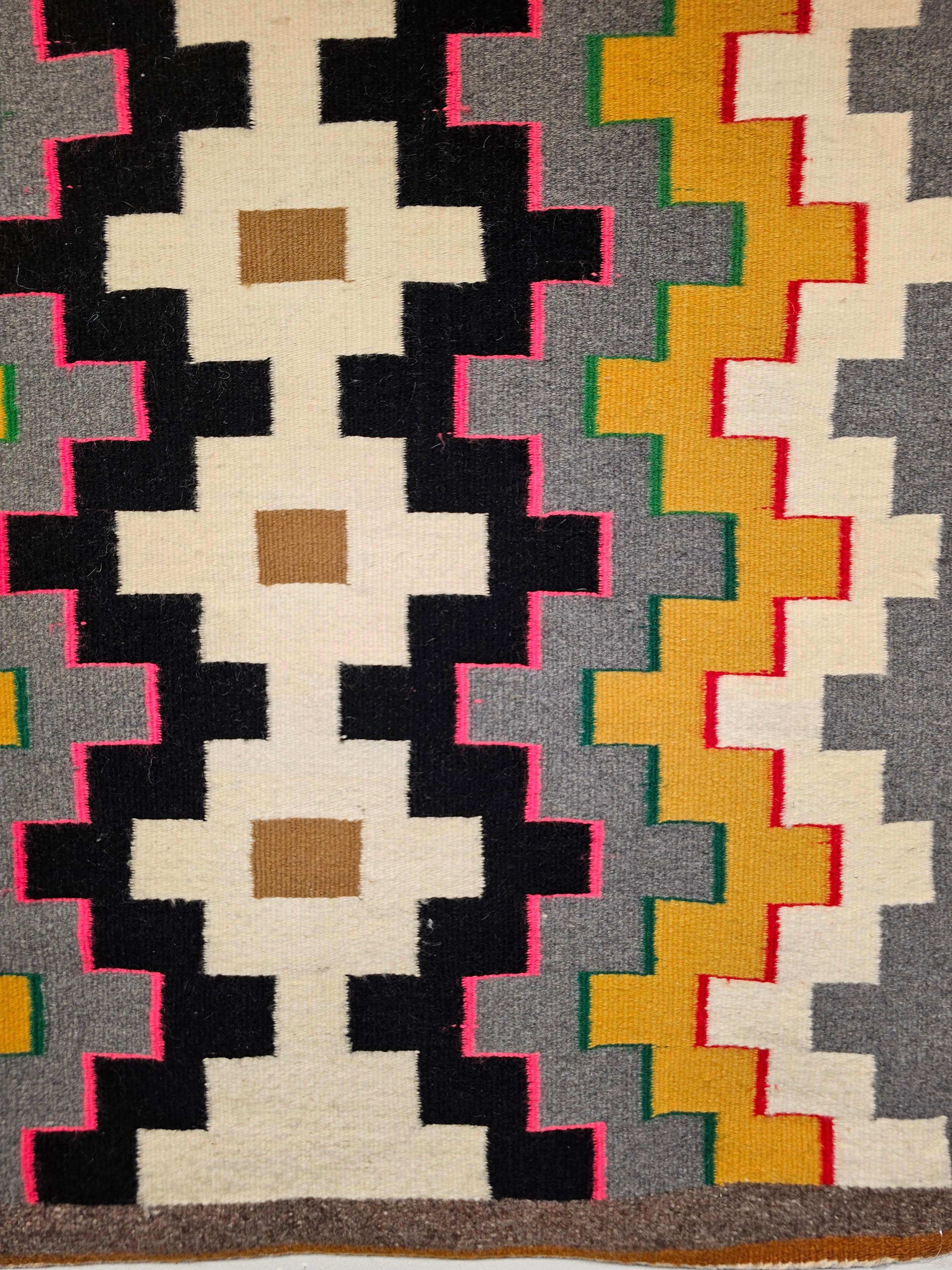 Wool Vintage American Navajo Rug in a Geometric Pattern in Ivory, Gray, Black, Brown For Sale