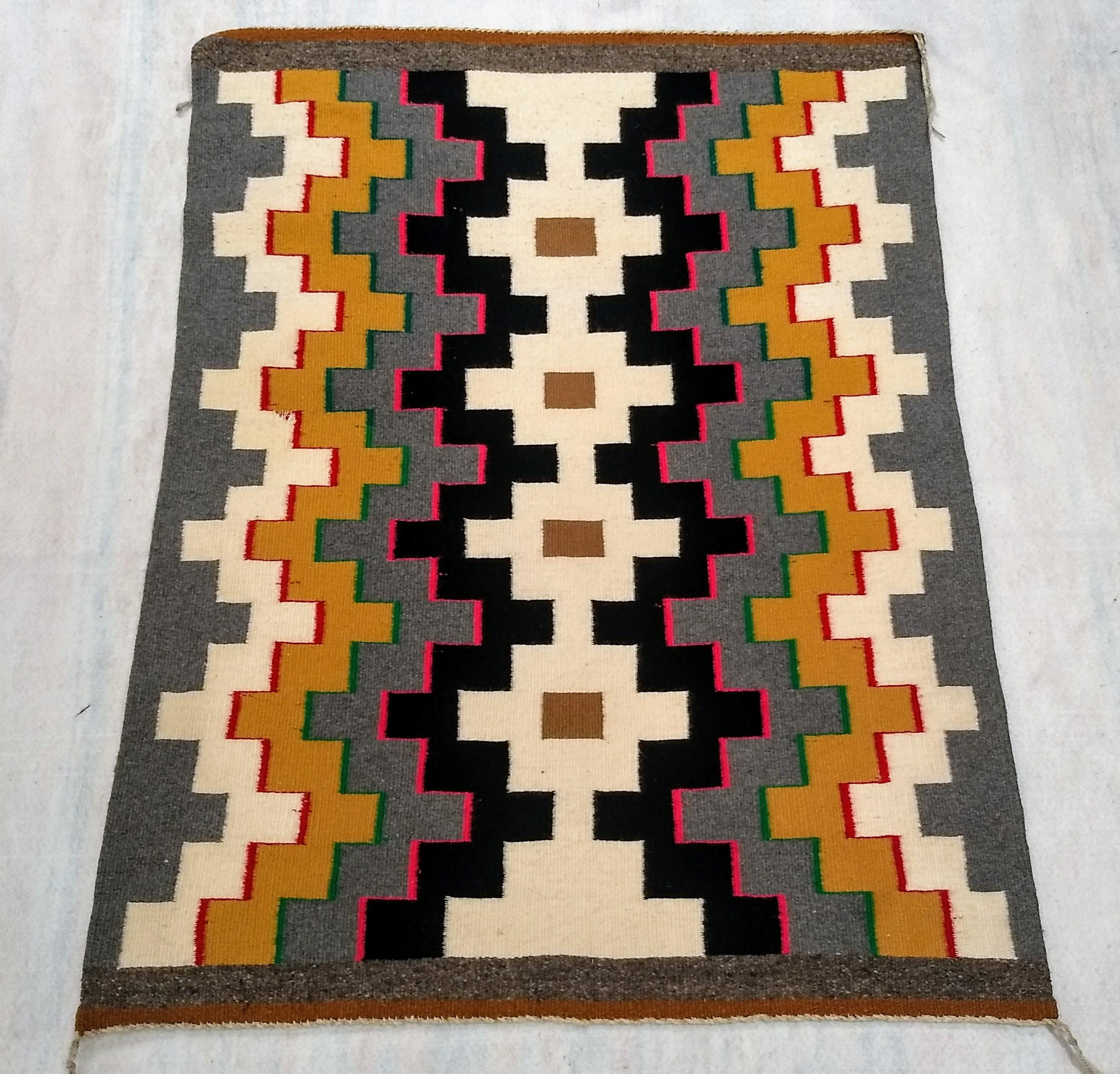 Vintage American Navajo Rug in a Geometric Pattern in Ivory, Gray, Black, Brown For Sale 3