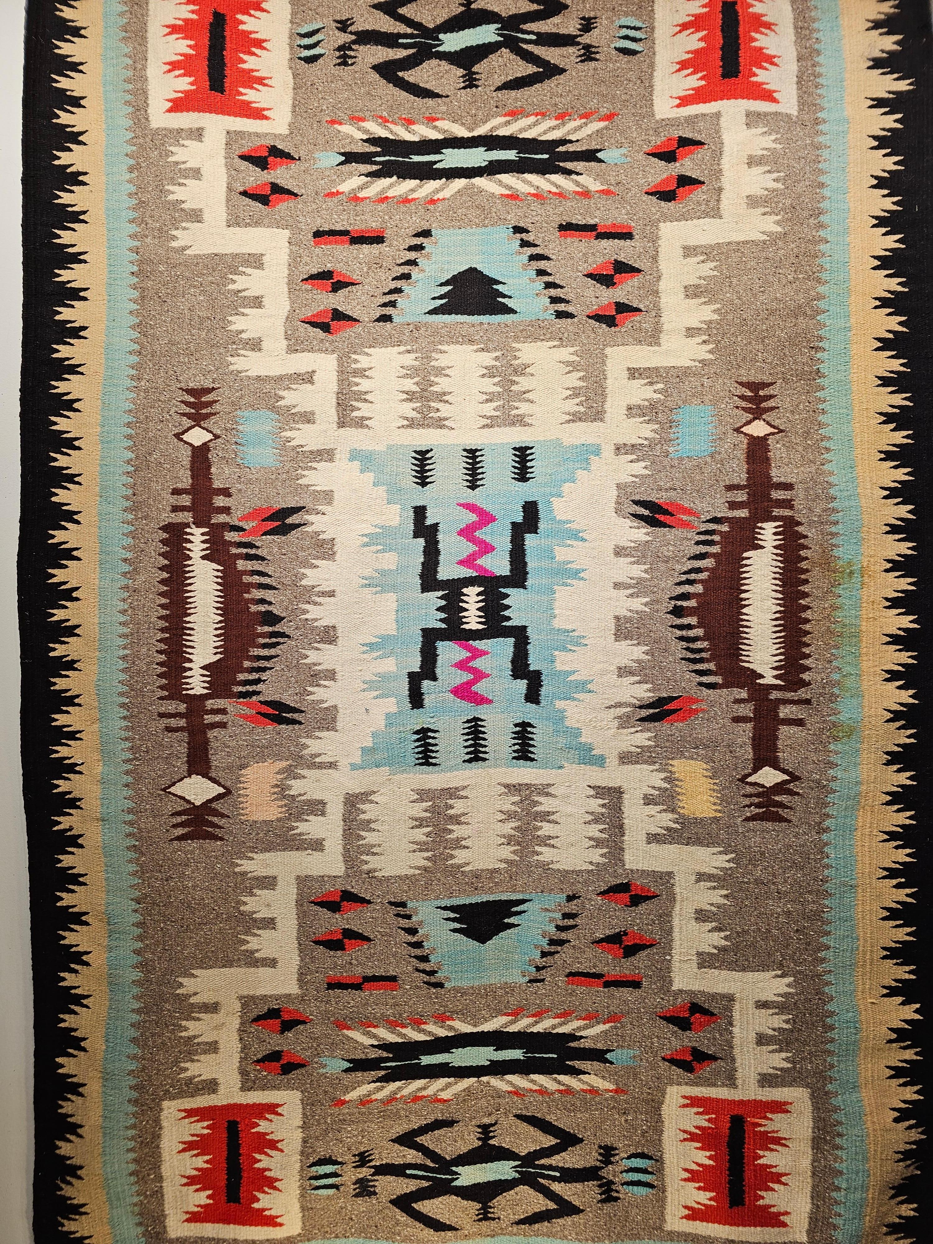 Vintage American Navajo Rug in Storm Warrior Design in turquoise, Pink, Magenta For Sale 4